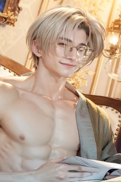 guy with glasses and no shirt sitting in a chair, ((wearing aristocrat robe)), delicate androgynous prince, handsome man, realistic golden eyes, mole under the right eye, realistic firm chest and six pack abs, smiling with slight blush, reading on a paper