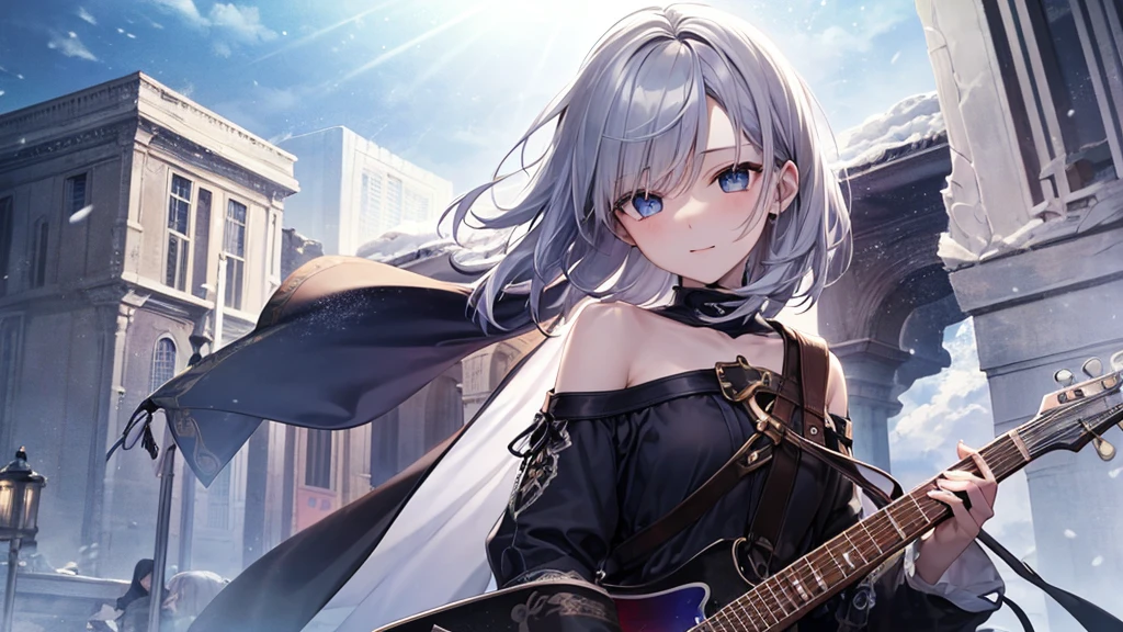 super high quality, with a girl, 20-year-old, very short hair, long bangs between the eyes, pale blue eyes , blue sky, sunlight, very detailed,(masterpiece、highest quality)、alone、gray hair、laughter、White skin as clear as snow、fantasy, silver hair, black eye, beautiful eyes,, ecstasy, charm, be smitten with audience, fantasyな風景、inside the ruins