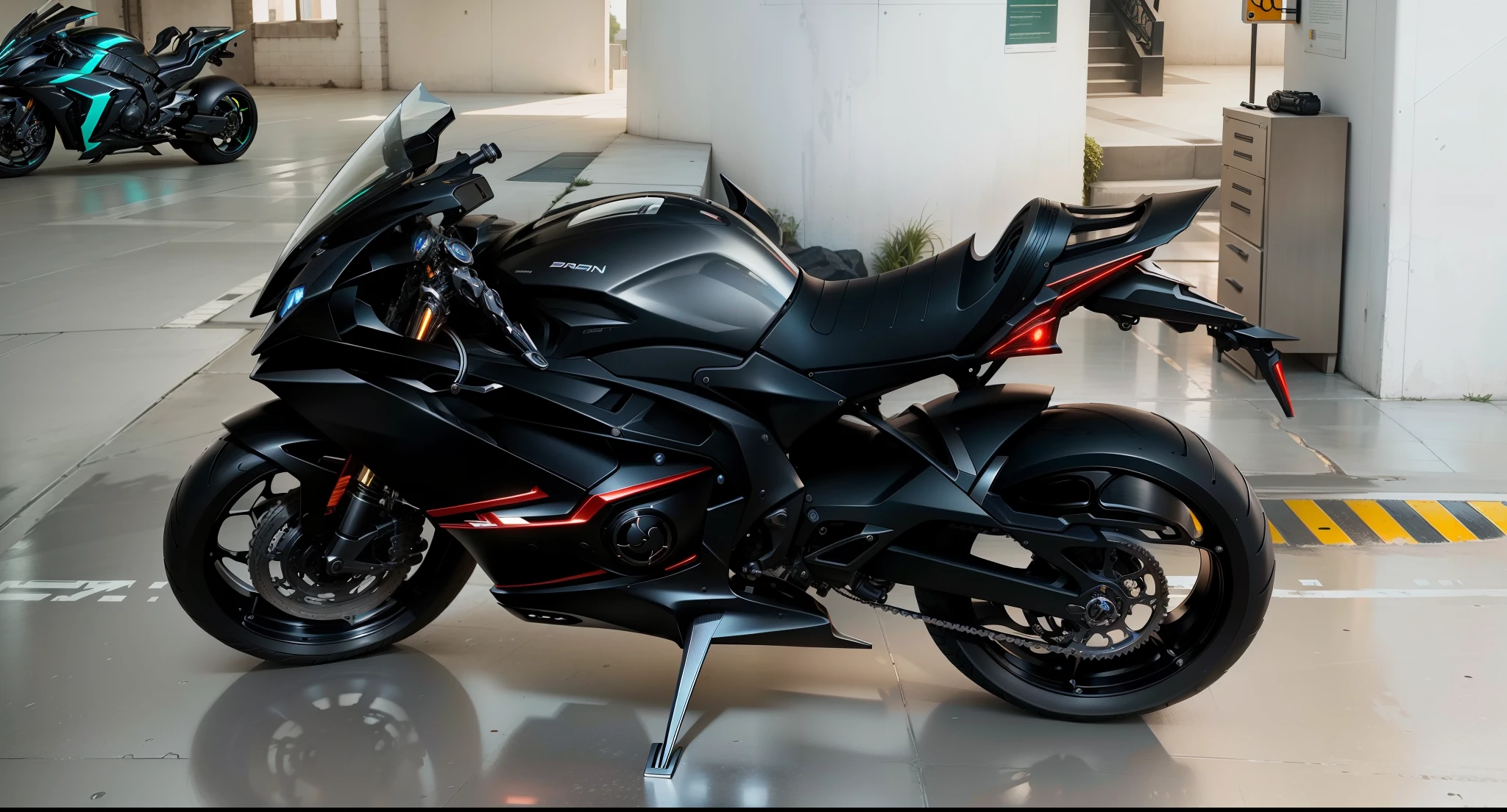 Black Cyber Mechanical Motorcycle, biology, MSHN machine,Surrealism, steel, complex design, Crazy details, Exquisite details, The lines are extremely clear, Light, photorealism, detailed masterpiece