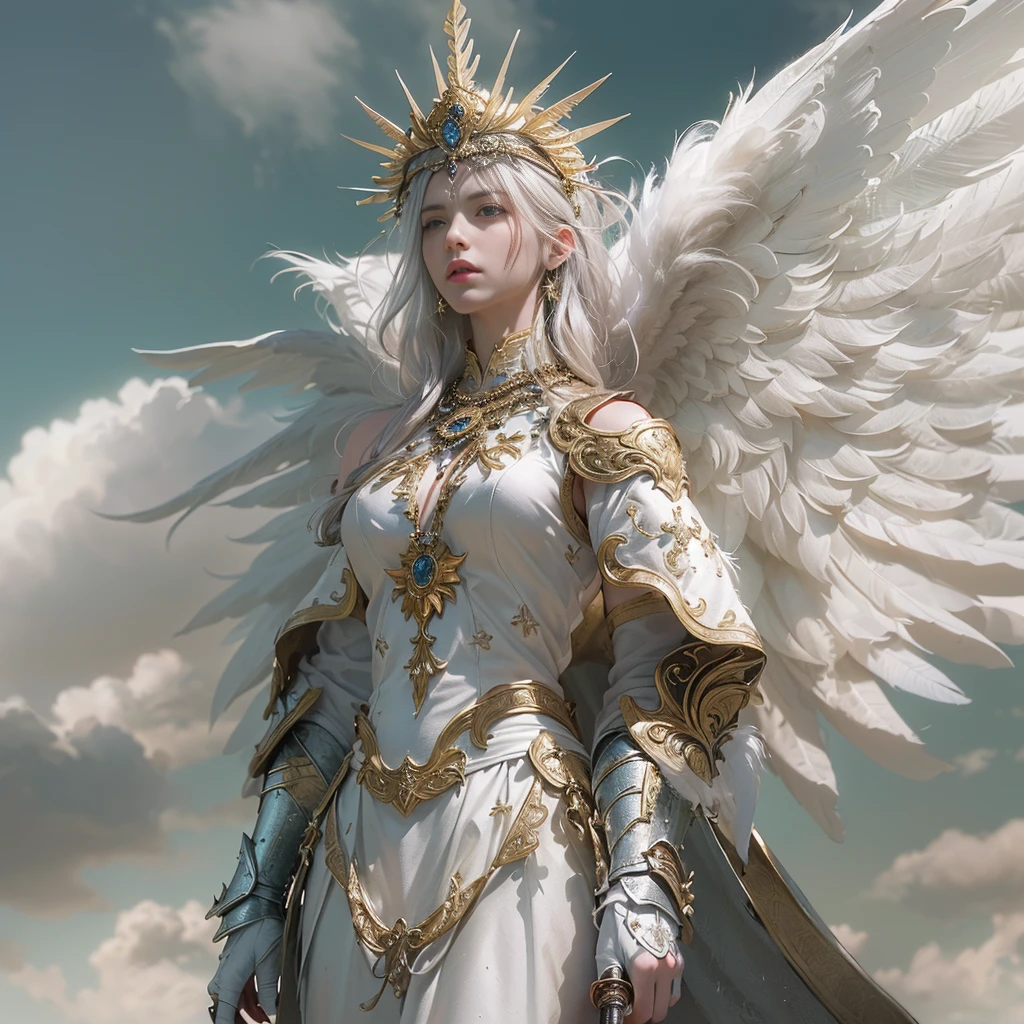 (Numerous award-winning masterpieces, incredibly detailed, Texture and maximum detail), (Full body standing image:1.8), (upper body up:0.3), (hyper realistic:1.4), (realistic:1.3), (best quality real texture skin), (Heavenly Warrior Angel of the Lord: 1.6), (Holds the hilt of a sacred straight sword with elaborate decorations that emit a mystical light.: 1.9), (detailed circle symmetry eye), (Beautiful face with exquisite drawing), (An angelic ring of divine radiance floating above your head.: 1.8), ((Medieval world)), (divine light을 발하는 섬세한 장식의 전신 갑옷:1.8), (Full body standing image:1.8), (Beautiful but stern eyes), (smile with a sad smile.), (sad colored eyes full of pity), (Magnificent shining mass of clouds and sky:1.4), (Halo optical phenomenon:1.3), (Holy armor that covers the entire body: 1.6), (holding a holy weapon: 1.6), Dramatic light, A majestic sight, (Large wings with pure white feathers behind the shoulders:1.7), (((Folded wings))), Glass earrings in the ears, (((dramatic photo))), (Full body standing image:1.8), (Divine Pose), (golden hair), (silver hair), (chestnut fur), Short hair, ((I look up)), ((looking down)), (On her neck is a simple necklace of exquisite workmanship), Old ruins full of plants, The Big Temple, cathedral, Temple ruins, Detached temples, (shining magic circle), ancient castle ruins, abandoned ruins, crumbling ruins, Ancient ruins with clear water, very detailed, ultra-realistic, intricate details, painting (artwork), ((masterpiece,best quality)), ((cinematic light)), hyper realistic, terrifying, dark fantasy, divine light, epic realistic, withered, ((neutral color)), art, (hdr:1.5), (calm colors:1.2), very detailed, (art station:1.5), cinematic, warm lighting, lighting effects, Dramatic light, (intricate details:1.1), complicated background, (Greg Rutkowski:0.8), (turquoise and orange:0.4),(NSFW)