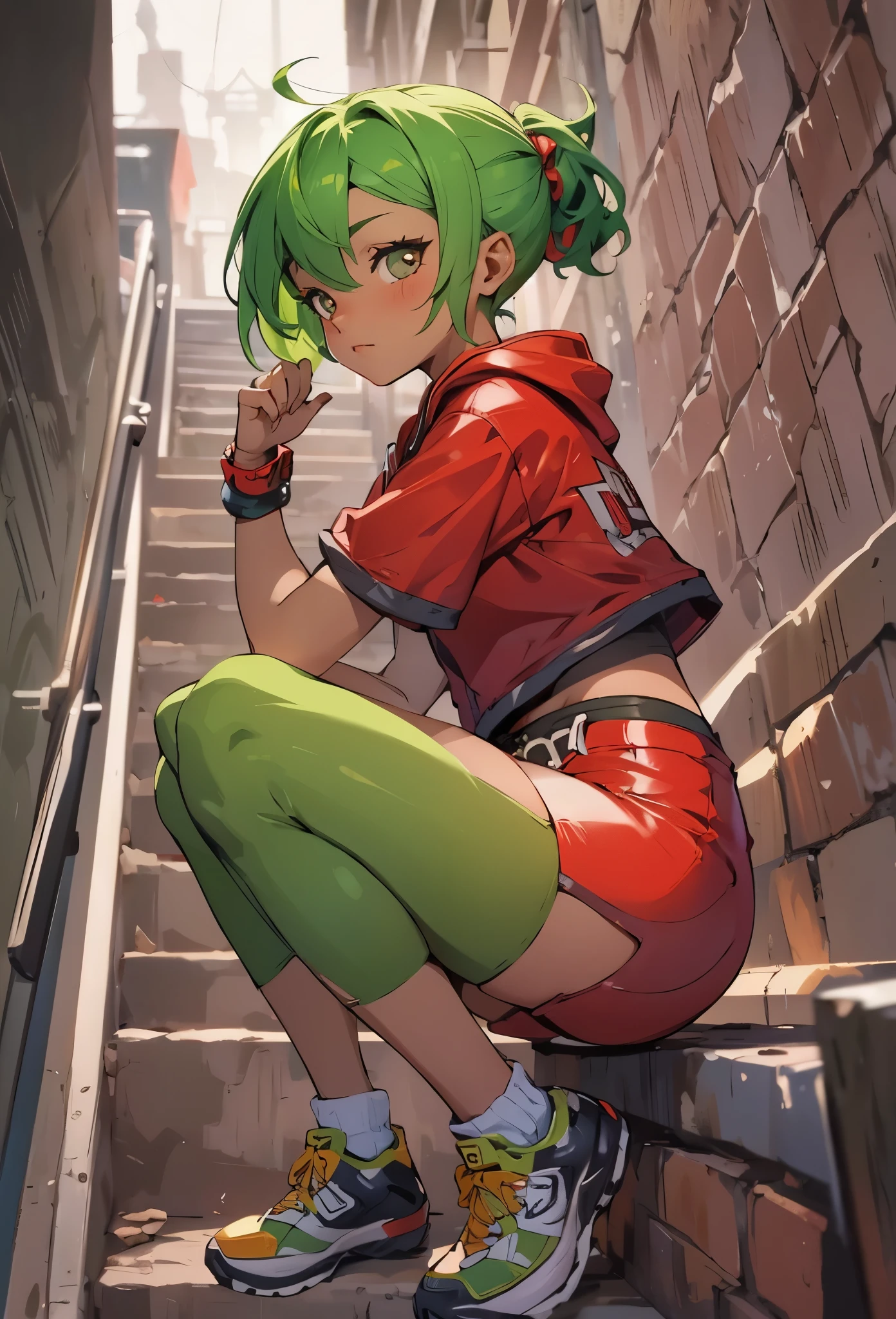 boa qualidade, personagem adolescente, cor de pele vermelha, horn on head , perna, Sitting on the stairs short hair tied back, olhos verdes, bike shorts，temptation, blush