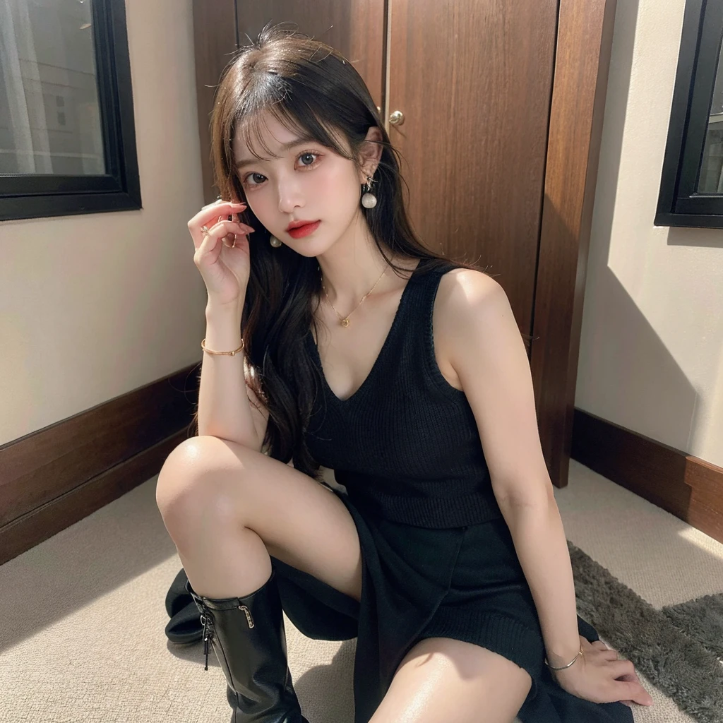 high resolution、High definition、Super detailed、in detail、Clear down to the smallest detail、Fingers clearly、beautiful woman、cute、20age、woman、black hair、short、double eyelids、tear bag、Sexy Lips、earrings、necklace、bracelet、ring、boots、knee high socks、indoor、Normal room lighting brightness、stand、whole body、Photographing the entire body、knit sweater、long skirt、