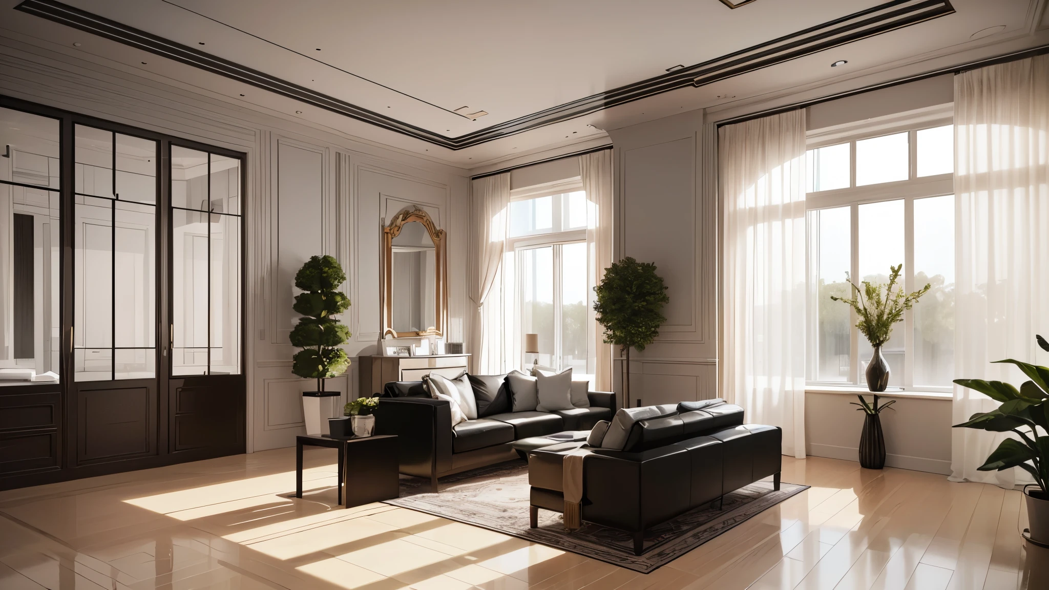 You are a famous interior designer、You have been asked to create a 3D image of a modern large room. Create a harmonious environment with modern and minimalist furniture. Including garden interior.

