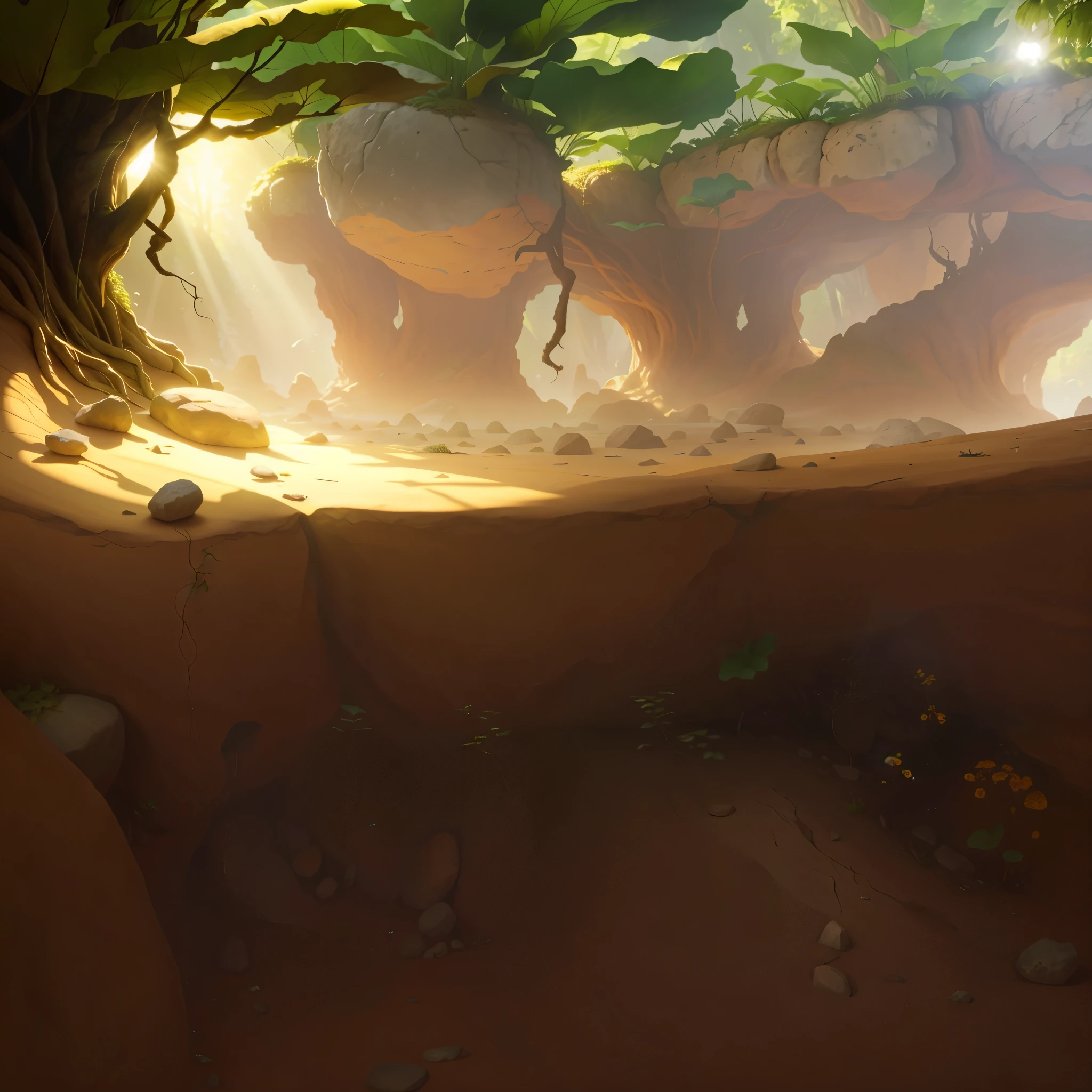 Realistic，Microcosm，big rocks，big leafs，root system，Yeah sunshine，Brilliant light and shadow，earthy，earthy地面。