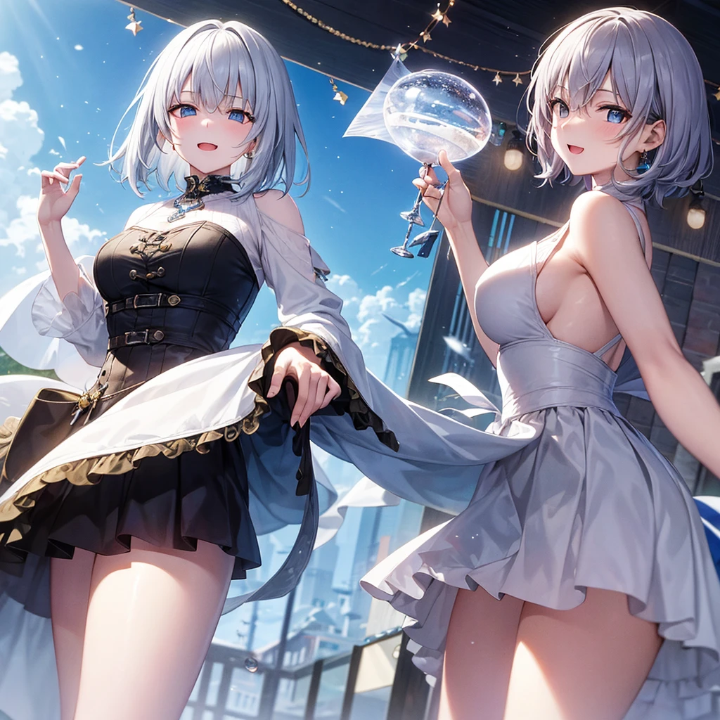 super high quality, with a girl, 20-year-old, very short hair, long bangs between the eyes, pale blue eyes , blue sky, sunlight, very detailed,(masterpiece、highest quality)、alone、gray hair、laughter、White skin as clear as snow、fantasy, silver hair, black eye, beautiful eyes,, ecstasy, charm, be smitten with audience, fantasyな風景、Different world