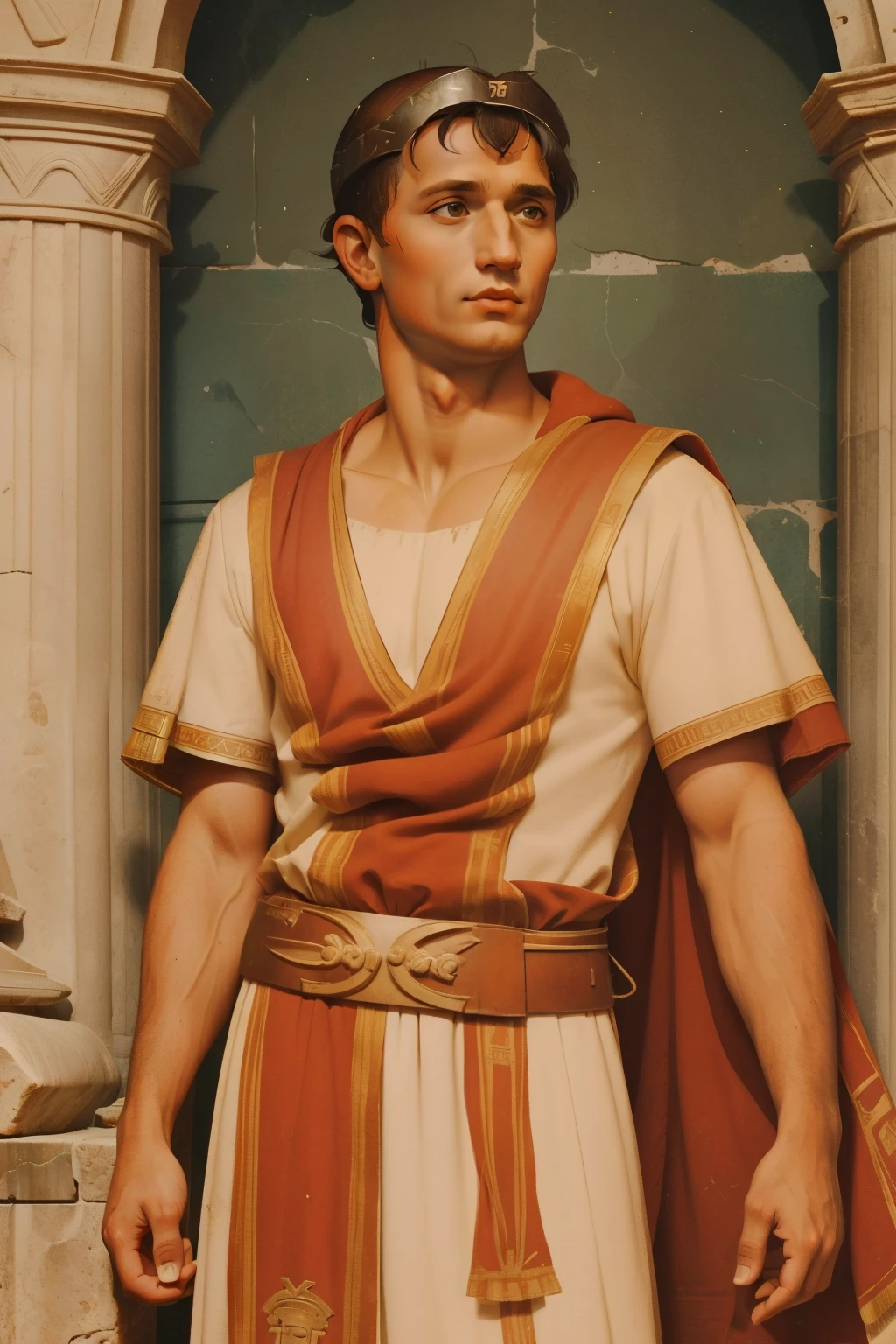 Rome, 77 BC. A young ((((23-year-old)) Julius Caesar)), giving a speech inside the Basilica Sempronia, ((happy expression)). ((((roman clothings from the 1st century BC)))) ((ancient rome hairstyle))