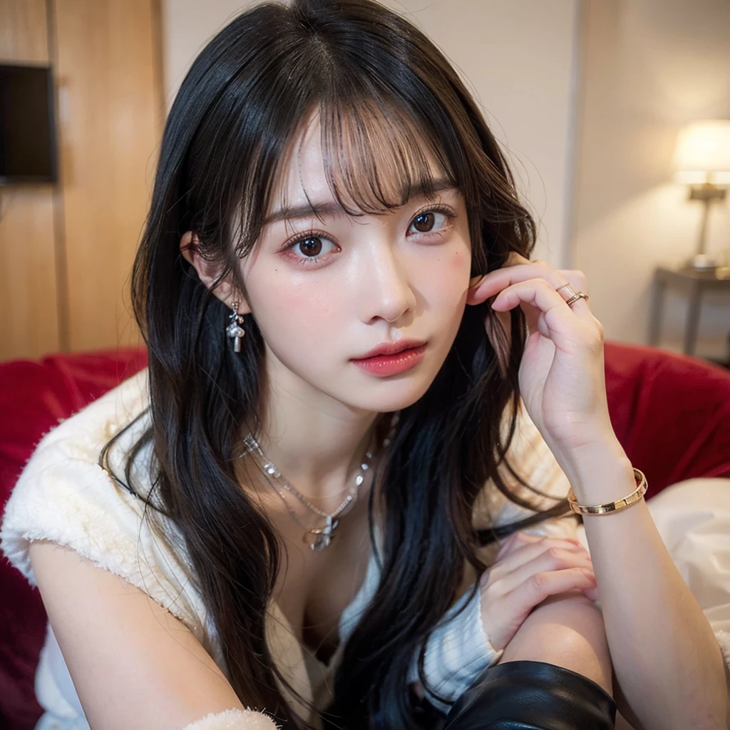 Highest quality, Ultra-high resolution, (Realistically:1.4),Gem Girl,One girl, Have long curly hair,Looking into the distance,Huge cleavage,Cropped red sweater,atmosphere,Beautiful woman with slim figure:1.4, Abdominal muscles,Ultra-fine face,A sophisticated eye,double eyelid,Choker Necklace