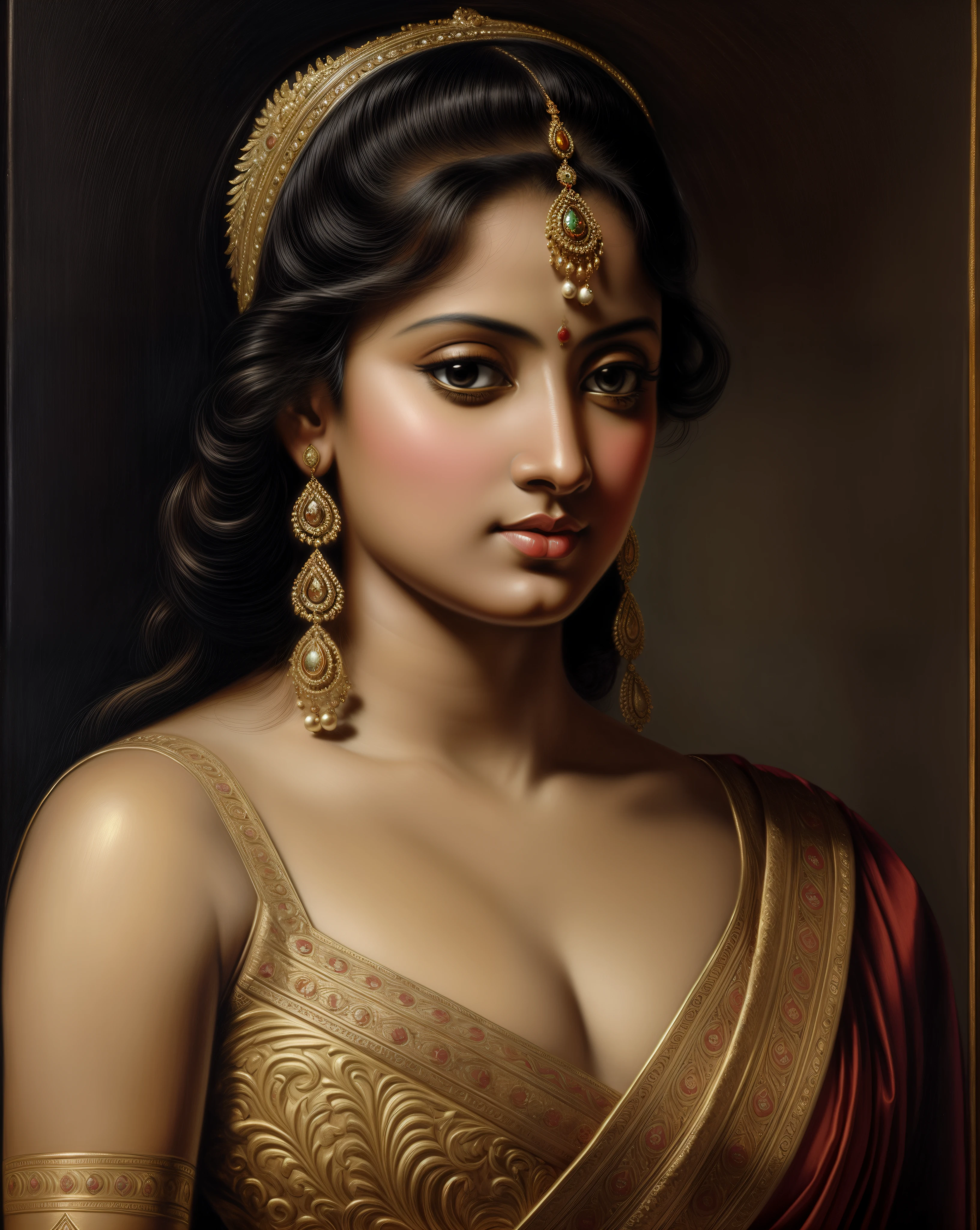 Beautiful Indian Woman, wearing saree, sari Beauty, gorgeous, Apsara, Maharani, royal queen woman, nymph from Hindu Mythology, Urvashi, matchless beauty, Highly detailed, Oil Painting by Peter Paul Rubens inspired by Raja Ravi Varma, Matchless beauty, captivating, gorgeous, heavenly beauty, celestial beauty, by Peter Paul Rubens, 1893, realistic, hyper realistic, micro details, incredible artwork, insane details, ultra High resolution, 8k, 32k,  acrylic on canvas, intricate, flawless, detailed, detailed face, detailed eyes, masterpiece, by Peter Paul Rubens, by Caravaggio, by William Adolphe bouguereau, perfect face, perfect body, beautiful art, realism, baroque, renaissance Art, highly textured, beautiful and detailed eyes, uhd, best quality,