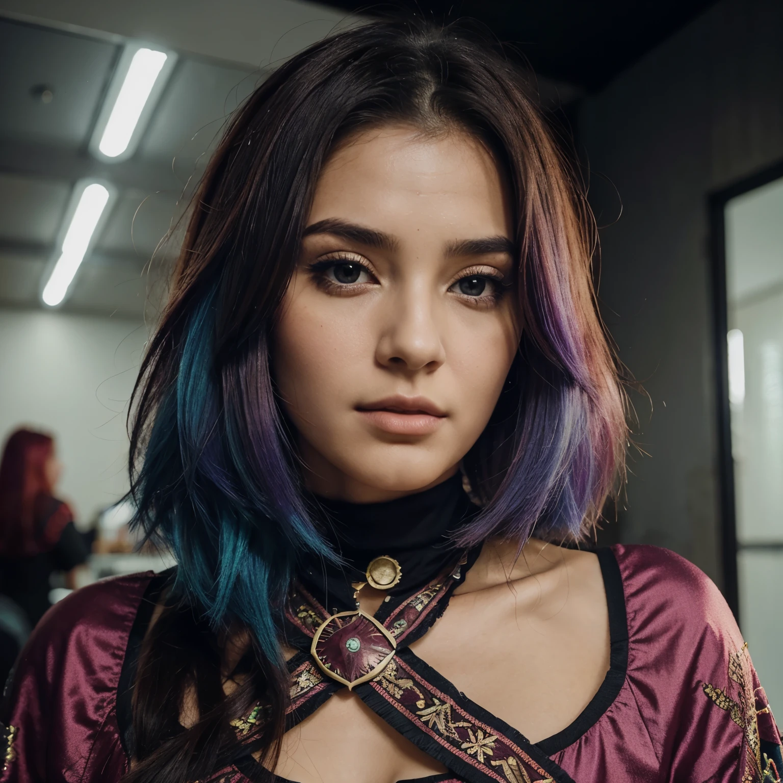 Mulher, bonita, cabelo longo, cabelo colorido, imagem de rosto, estilo mago RPG