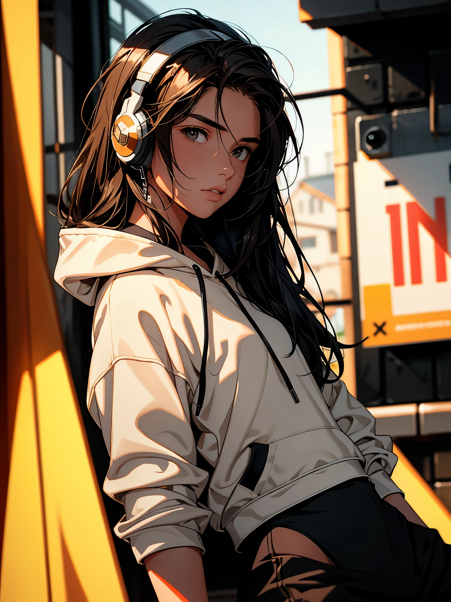 long straight dark brown haired gamer girl leaning into the camera, three-quarter headshot:1.2, lean body, fit body, photo from front above, dark red hoodie:1.2, straight hair, large leather gamer headphones:1.2, skintight black top:1.2, looking at viewer, realistic, 4k, cinematic lighting, perfect, soft lights, intricate details:1.2, high resolution skin:1.2, realistic skin texture, realistic face, perfect anatomy, lean girl, fit girl, sfw:1.2, jumper:1.2, hoodie:1.2, headphones:1.2