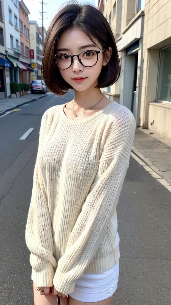 ​masterpiece、top-quality、超A high resolution、(photographrealistic:1.4)、((1girl in、White fair skin:1.4、age19、spotless、cute little、A dark-haired、bobhair_cut、shorth hair、Normal breasts:1.6))((Casual wear))、(portrait of japanese famous actress)、(A smile、Happiness、Joy、jolly、closes mouth)、、High detailed eyes、long neck、bangss、Lashes、Big eyes、In the street、Glasses、Sweaters、Casual wear
