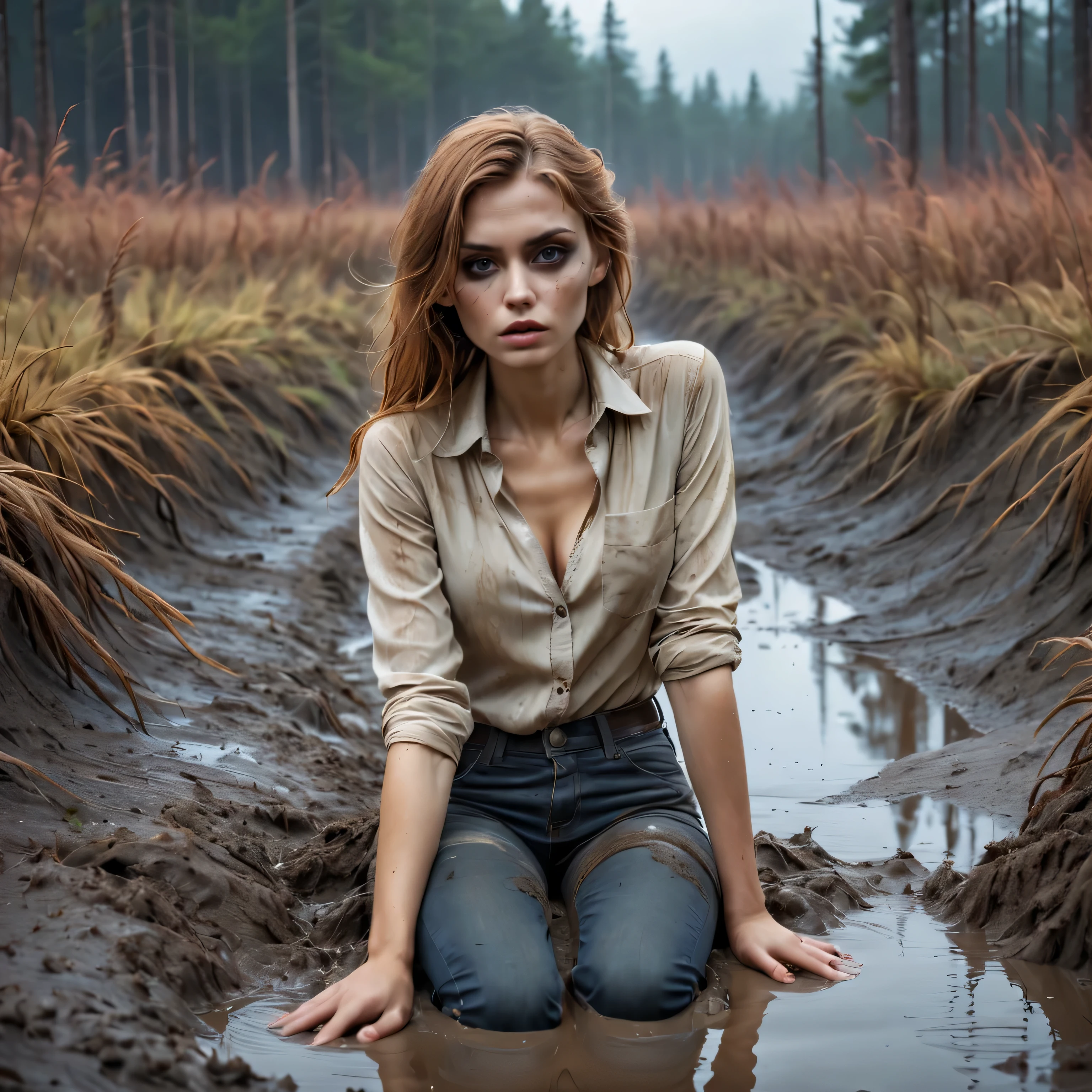 (Best Quality,4k,hight resolution,Realistic),close-uo Portrait of The sexy and vulnerable girl plunged into a deep muddy quicksand bog and waiting for her fate,her tight jeans,blouse, stylish look combined with many accessories, wild and creepy nordic environment,dark and mysterious,foggy dramatic atmosphere,soft-lighting,Vivid colors,Reflection in the swamp,sunset