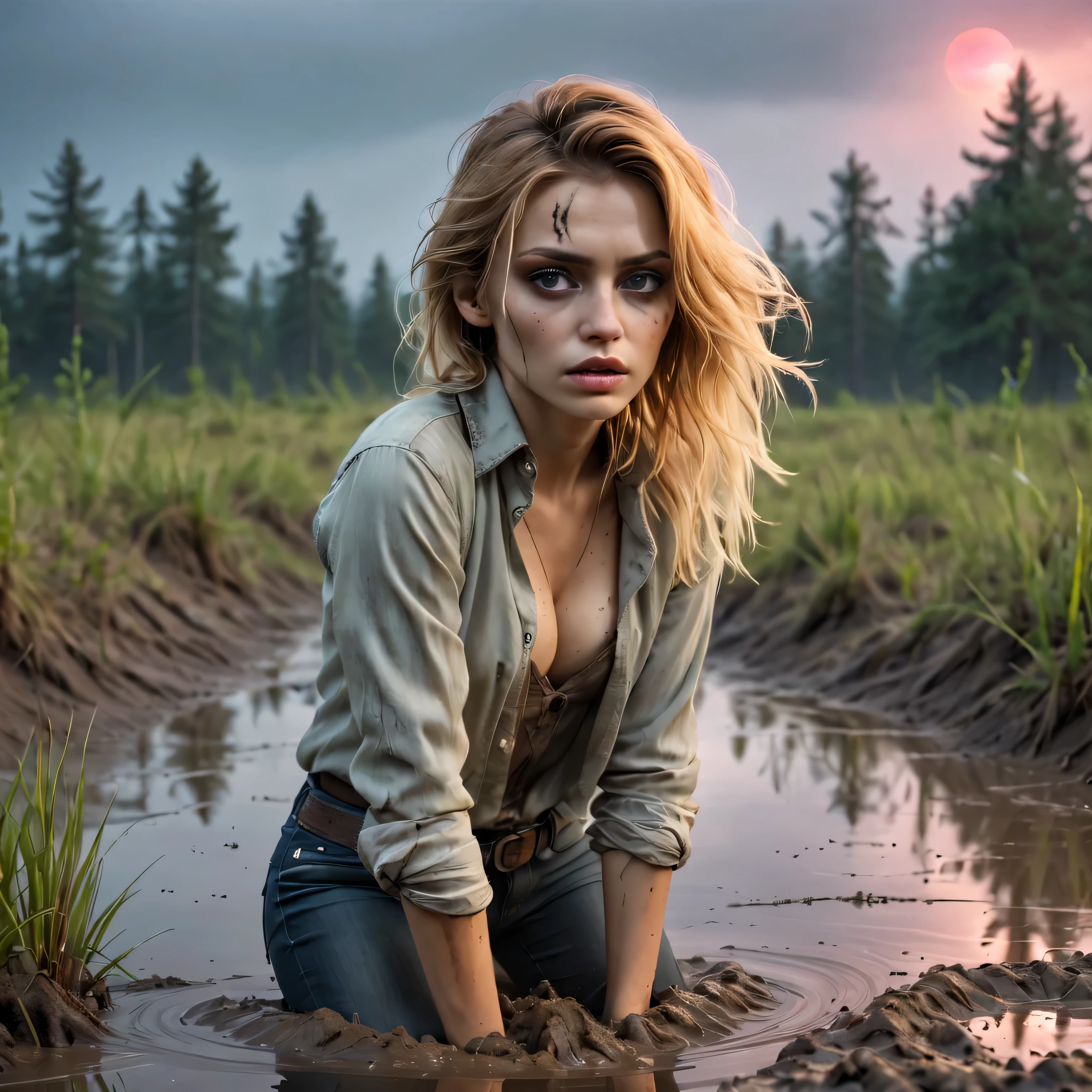 (Best Quality,4k,hight resolution,Realistic),close-uo Portrait of The sexy and vulnerable girl plunged into a deep muddy quicksand bog and waiting for her fate,her tight jeans,blouse, stylish look combined with many accessories, wild and creepy nordic environment,dark and mysterious,foggy dramatic atmosphere,soft-lighting,Vivid colors,Reflection in the swamp,sunset