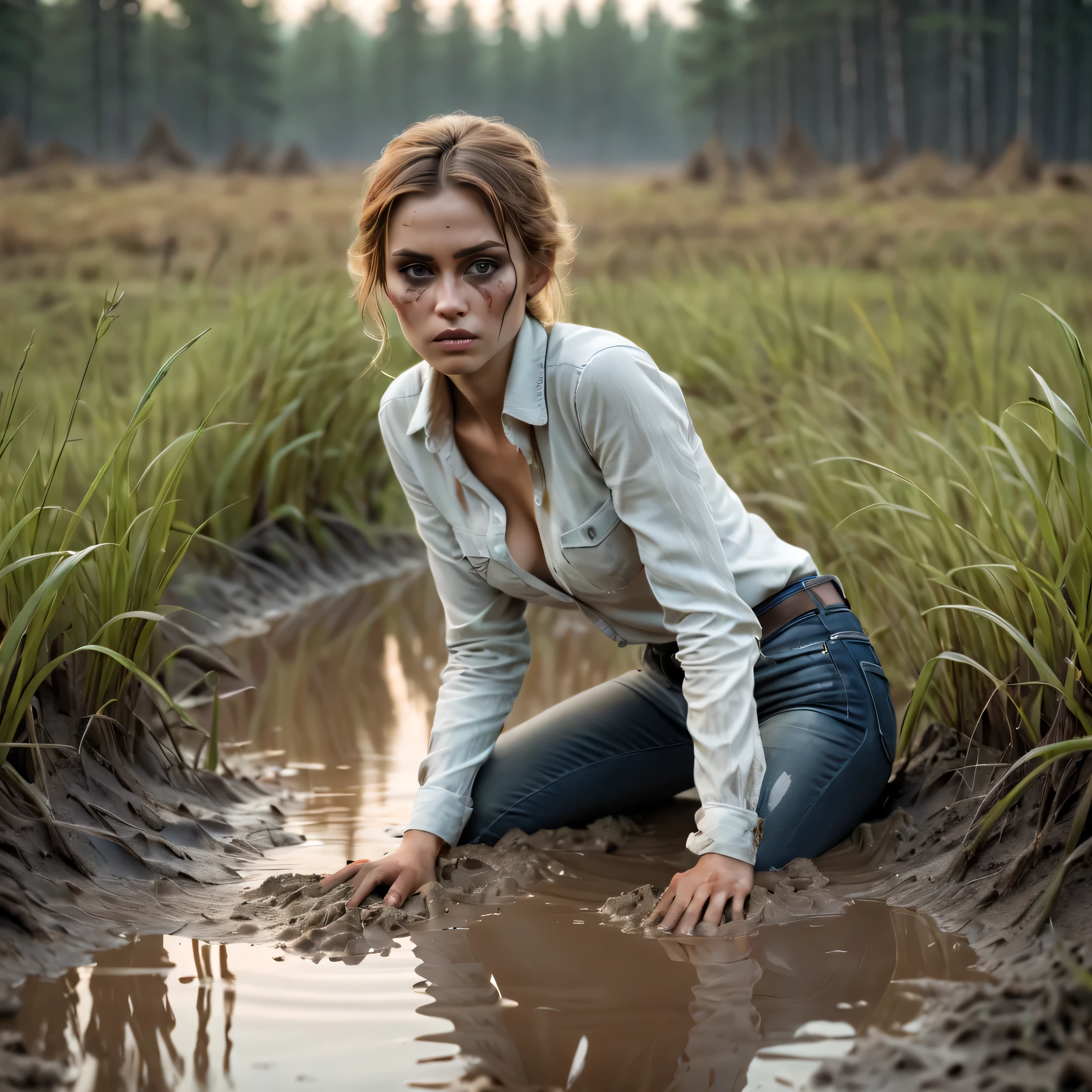 (Best Quality,4k,hight resolution,Realistic),close-uo Portrait of The sexy and vulnerable girl plunged into a deep muddy quicksand bog and waiting for her fate,her tight jeans,blouse, stylish look combined with many accessories, wild and creepy nordic environment,dark and mysterious,foggy dramatic atmosphere,soft-lighting,Vivid colors,Reflection in the swamp,sunset