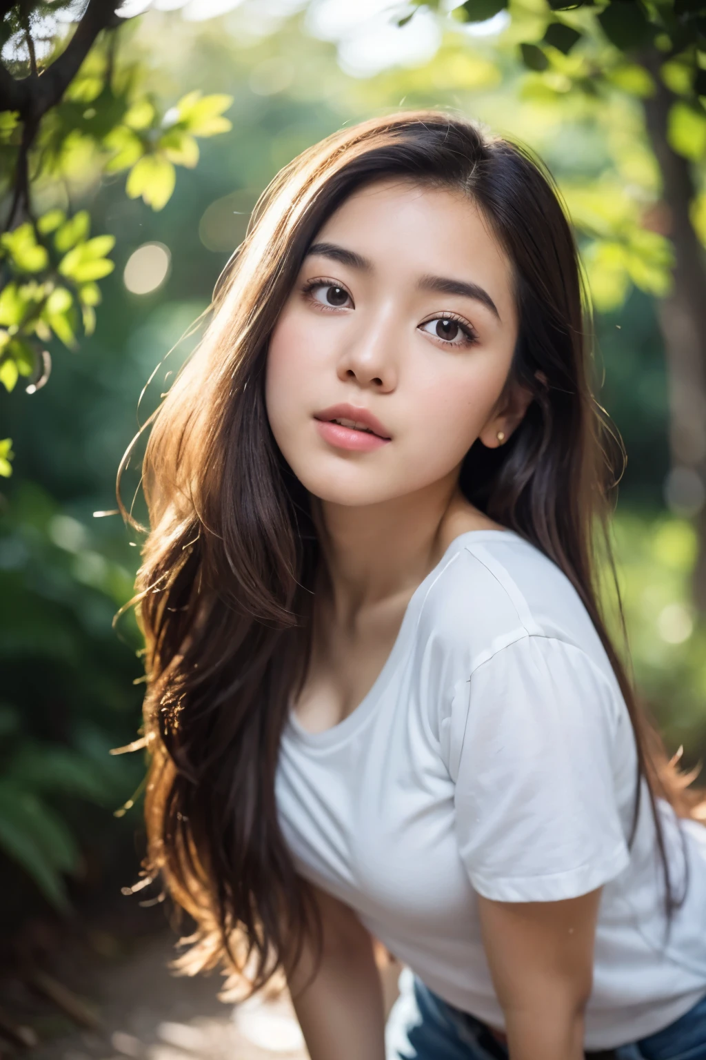(8K, RAW photo, highest quality, High resolution:1.1), (hyperrealistic:1.4),(realistic, photorealistic:1.3), soft light,realistic face,realistic body,realistic skin,disorganized,masterpiece,(cute:1.8),(leaning forward:1.8),(From above:1.2),(close:1.4),crawl on all fours,throw,( Detailed colorful loose fitting t-shirt:1.2),(Beautiful breasts:0.9),(long hair,ponytail),(big:1.2),cleavage,fine black eyes,innocent eyes,droopy eyes,Watery eye,open lips,blush,good style,colorful lights,film Grain,close,look viewer,full Body,Depth of field, blurred background,Eye focus,young,85mm lens, f/ 1.4,professional lighting,portrait,photon mapping,radio city,Physically based rendering,Transparency,japanese girl,forest with sunshine,Sunny,outdoor