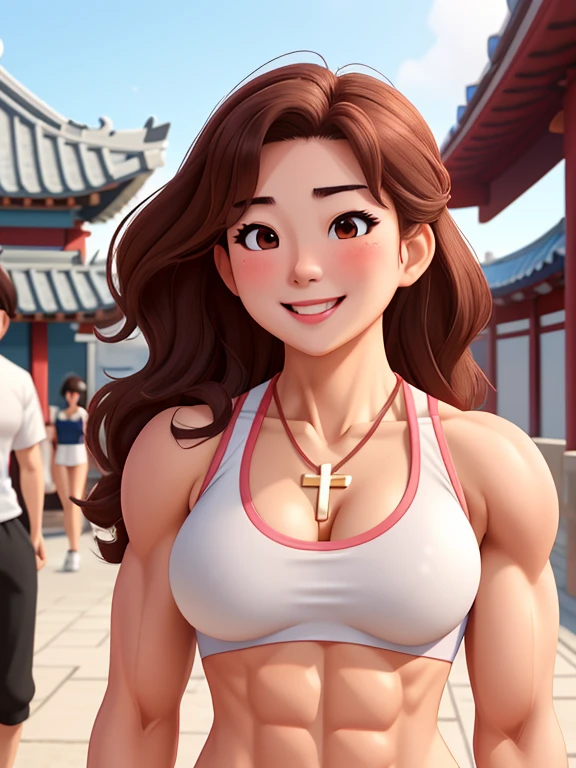 attractive korean woman, ripped muscle, muscular body, small breast, pale skin, smile(blush), sports bra, cross necklace, sixpack abs, [ultra detailed skin:1.2], brown hair, wavy hair, 8k uhd, pussy, full body, crowd, public, temple, standing,