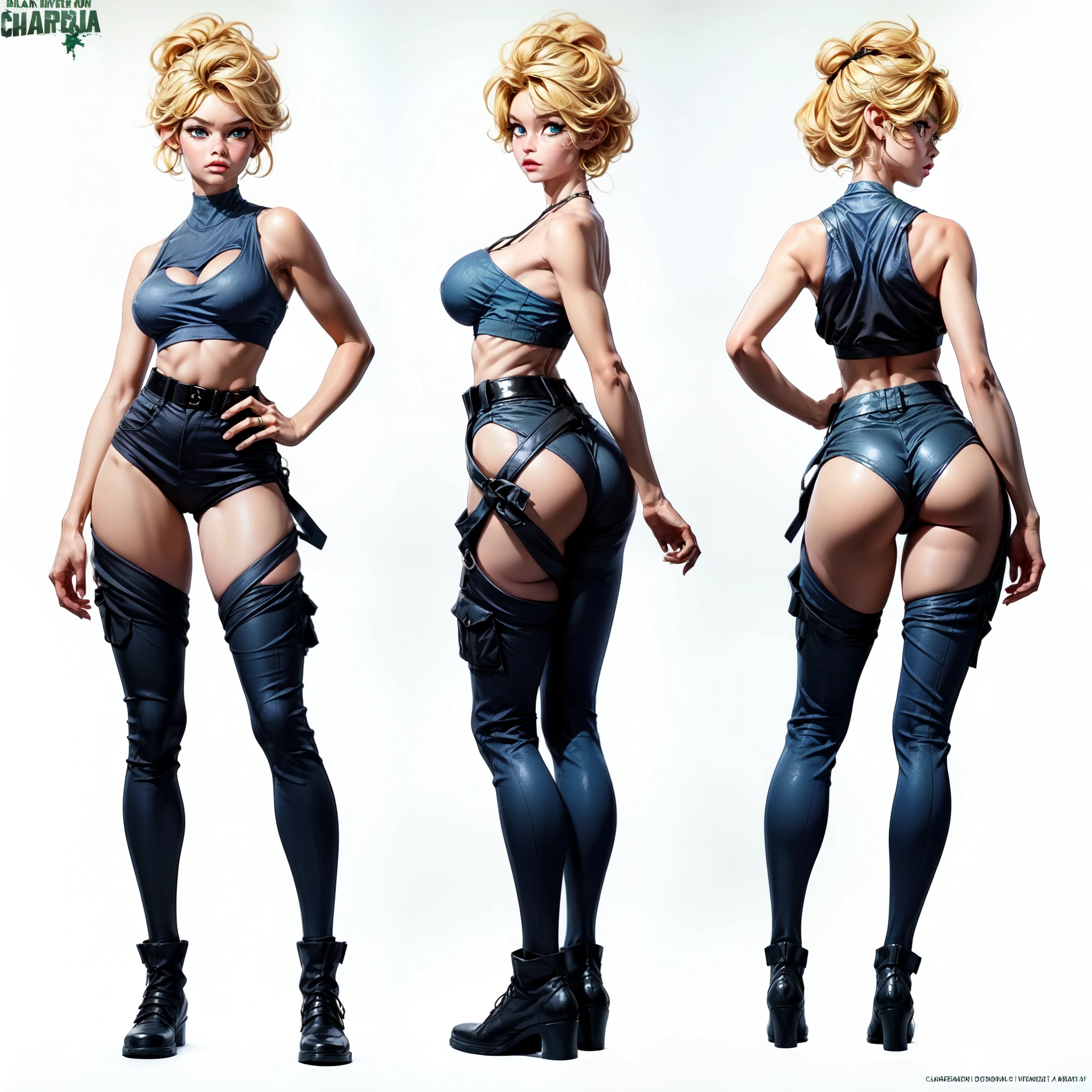 character sheet, front view, side view, view from back, ((masterpiece)),(((best quality))),((character design sheet)),  ((flat color, plain color)),concept, poses, masterpiece, best quality, highres, bbardot as apocalypse mercenary female, (blonde hair:1.2), bardot hairstyle, long hair, visible forehead, military gear,  blue eyes, black ((black tube bra:1.1)), (black crop top), ((visible underboob)), green snake pants, large breasts, standing, blank background ,chara-sheet