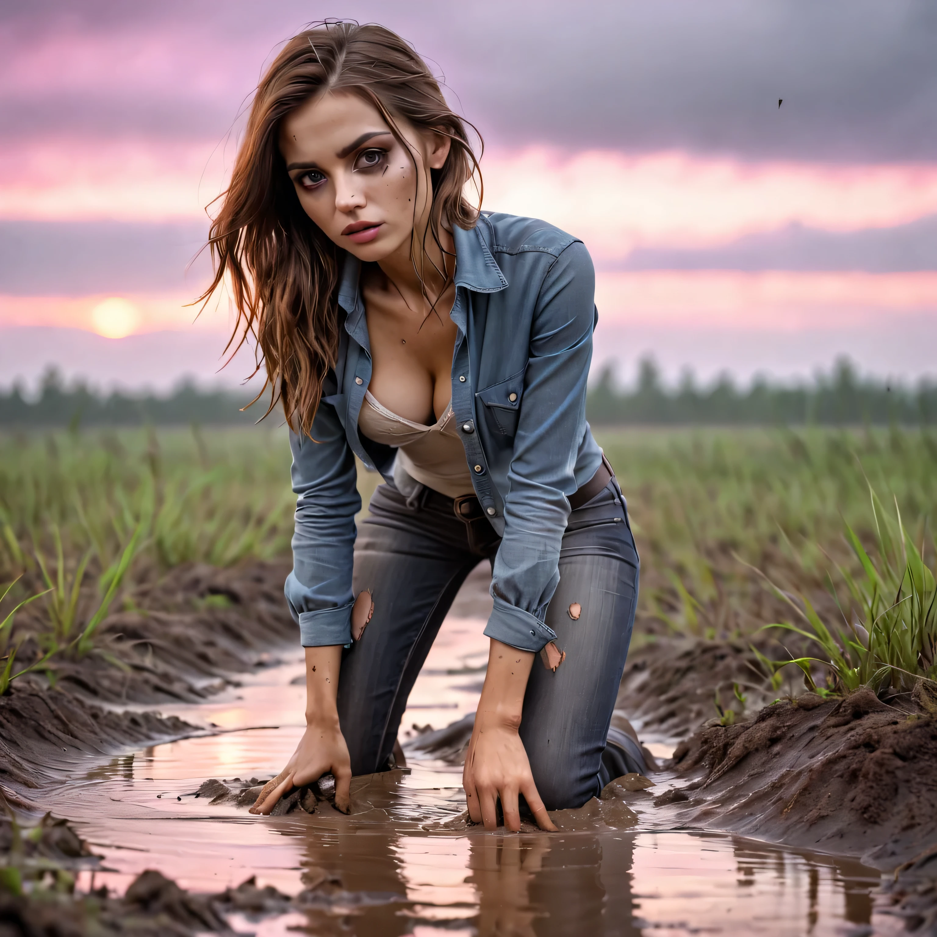 (Best Quality,4k,hight resolution,Realistic),close-uo Portrait of The sexy and vulnerable girl plunged into a deep muddy quicksand bog and waiting for her fate,her tight jeans,blouse, stylish look combined with many accessories, wild and creepy nordic environment,dark and mysterious,foggy dramatic atmosphere,soft-lighting,Vivid colors,Reflection in the swamp,sunset