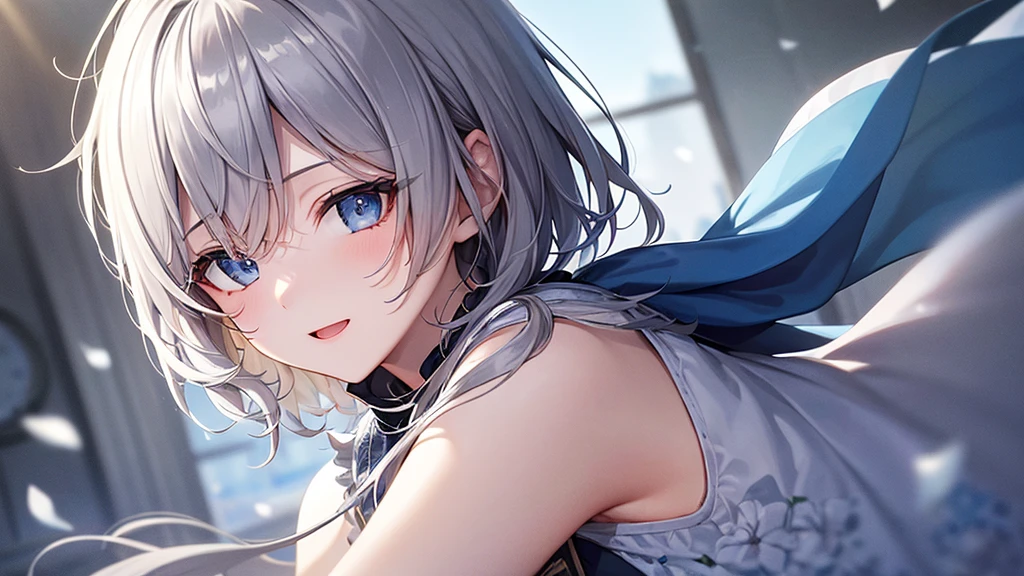 ((top quality)),(Super high resolution),(super detailed),(detailed description),((best CG)),(best work of art),super precision art,amazing art of depiction,(Art with precise details:1.5),super high quality, with a girl, 20-year-old, very short hair, long bangs between the eyes, pale blue eyes , blue sky, sunlight, very detailed,(masterpiece、highest quality)、alone、gray hair、laughter、White skin as clear as snow、fantasy, silver hair, black eye, beautiful eyes,, ecstasy, charm, be smitten with audience, fantasyな風景、flower garden