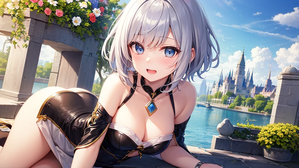 ((top quality)),(Super high resolution),(super detailed),(detailed description),((best CG)),(best work of art),super precision art,amazing art of depiction,(Art with precise details:1.5),super high quality, with a girl, 20-year-old, very short hair, long bangs between the eyes, pale blue eyes , blue sky, sunlight, very detailed,(masterpiece、highest quality)、alone、gray hair、laughter、White skin as clear as snow、fantasy, silver hair, black eye, beautiful eyes,, ecstasy, charm, be smitten with audience, fantasyな風景、flower garden