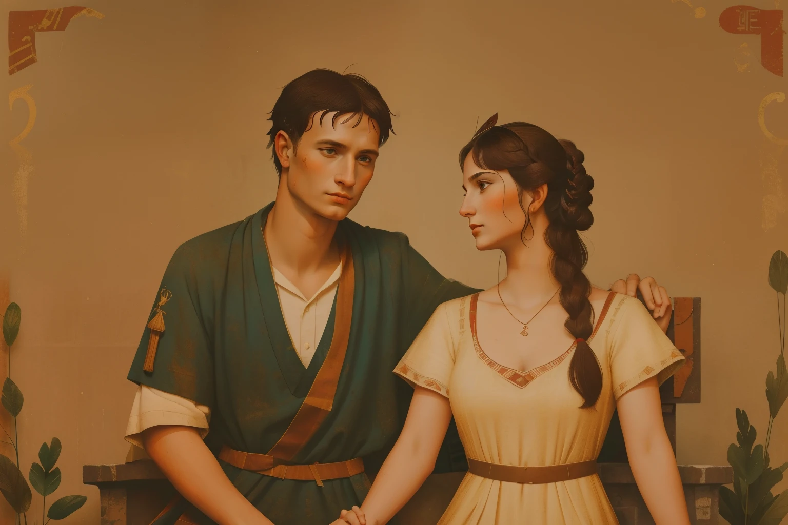 Rome, 77 BC. A young ((((23-year-old)) Julius Caesar)), and his wife Cornelia, holding hands, ((loving expression)). ((((roman clothings from the 1st century BC)))) ((ancient rome hairstyle))
