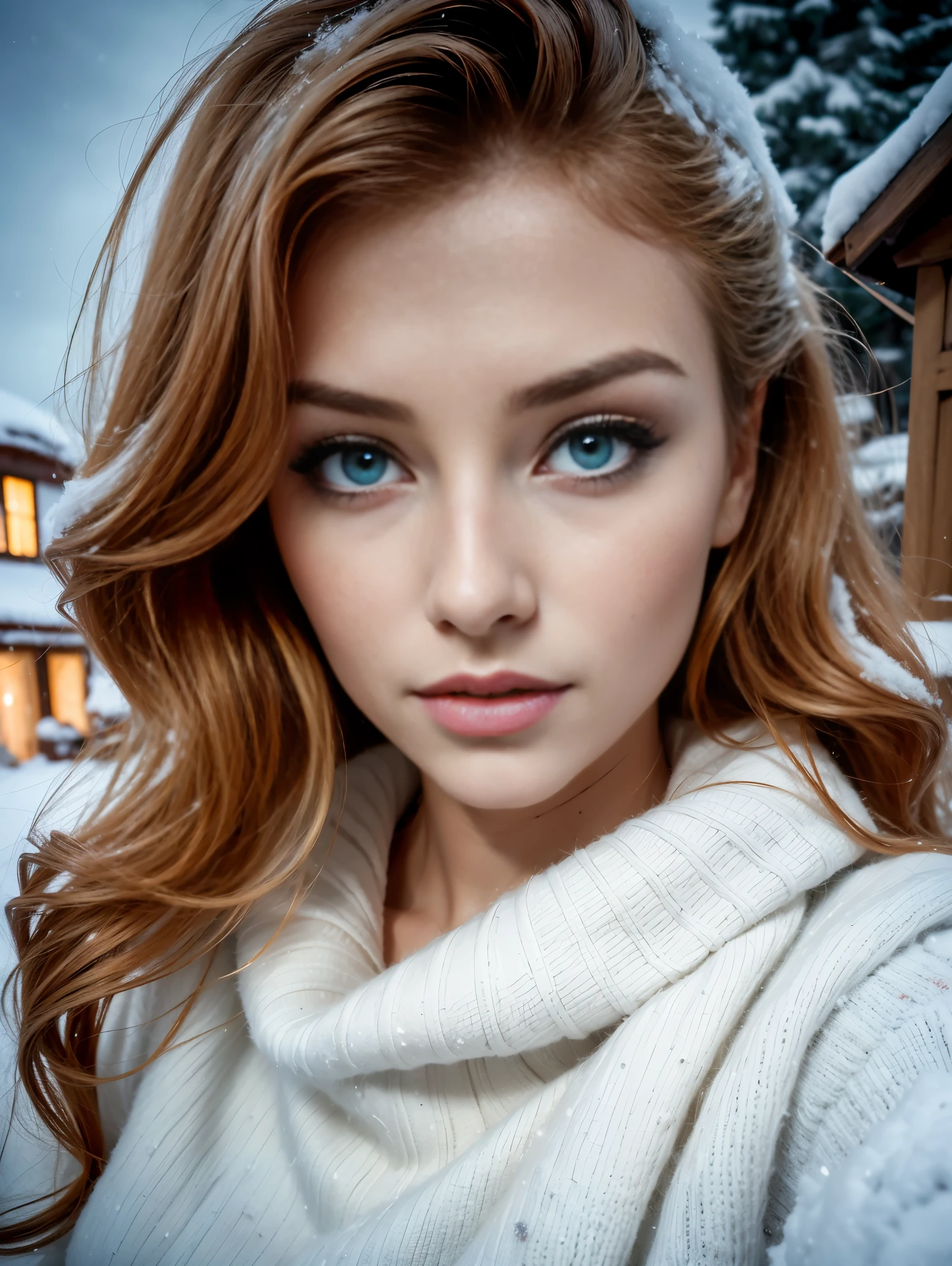 (Extreme Close up portrait:1.3), (from above:1.1). an ultra hot gorgeous European woman, age 23, she’s a playmate, men magazine model. She has round little cheeks. Flirts with camera, subtle smile. (Ginger wavy hair. Green eyes:1.2) (she’s standing in a snowy village at night:1.4). Loose wool sweater.Perfect anatomy, perfect hair, perfect breast, perfect body, perfect hands, perfect face, UHD, retina, masterpiece, accurate, anatomically correct, textured skin. Winter starry night, northern lights