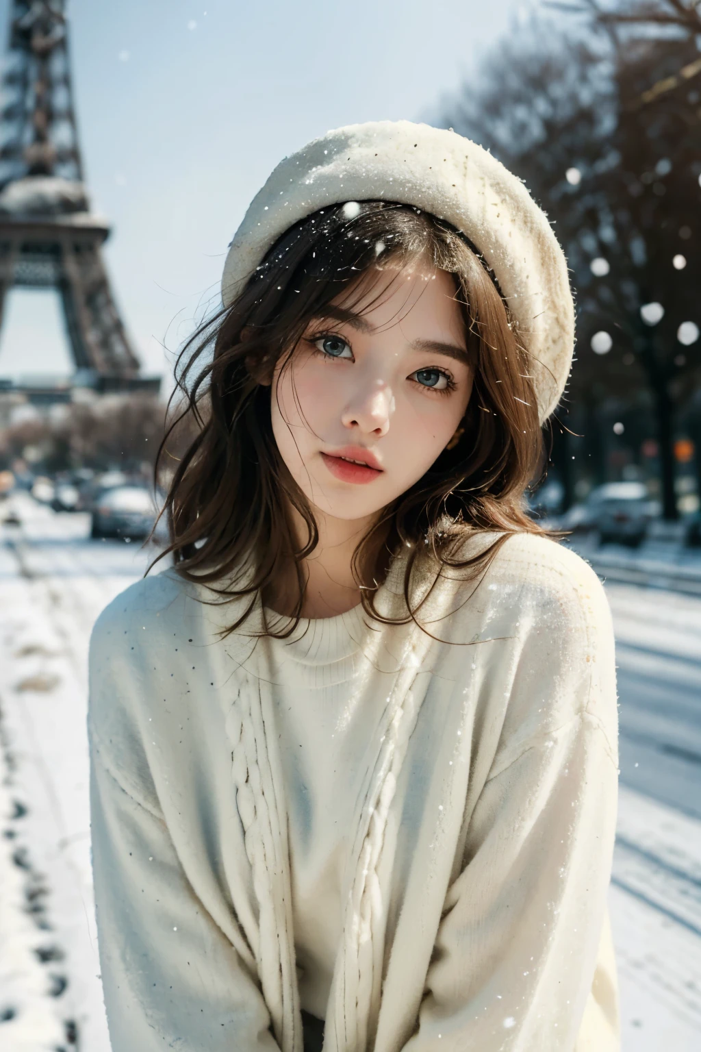 (best quality,4K,high resolution,masterpiece:1.4),Super detailed,Very detailed,sharp focus,Surreal:1.4,professional,HD images,bright colors,Bokeh,Beautiful and delicate eyes,Beautiful and delicate lips,long eyelashes,Romantic atmosphere,soft light,Contrast light and shadow,Lighting effects,high nose bridge,high nose,Yamane,young,Lively,Chubby cheeks,charming,graceful curves,blond,full,The streets of Paris,European girl,Snowing day,Eiffel Tower background,Wear a cotton hat,crimson attire