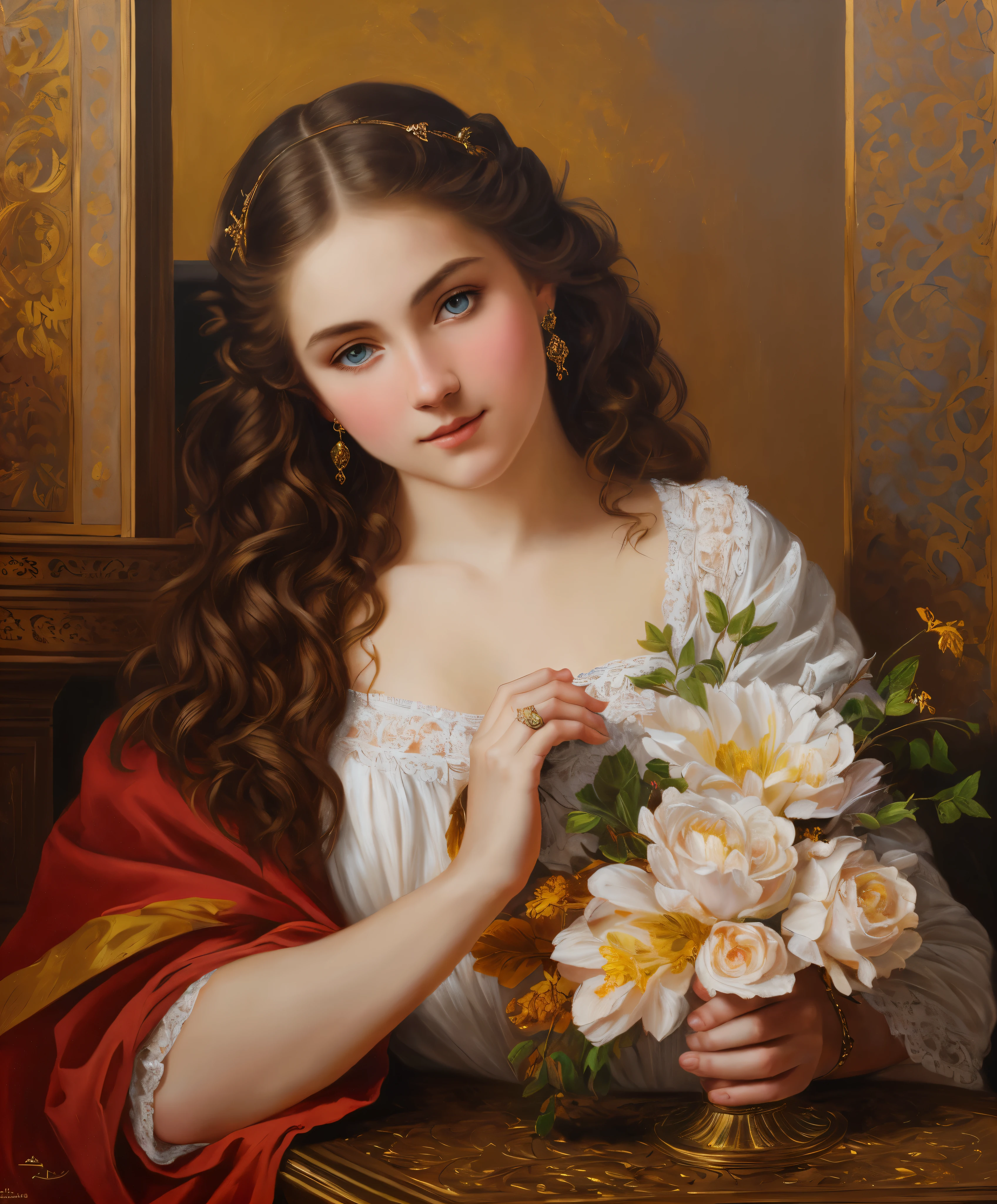 portrait, girl, middle ages, classicism, andrey atroshenko style, painting, pierced eyes, beautifully styled hair, traditional media, realistic, figurative, fine art, oil on canvas, HDR, 8K, original character, high resolution, high detail, focus on the face, beautiful eyes , perfect fingers, intricate details, 