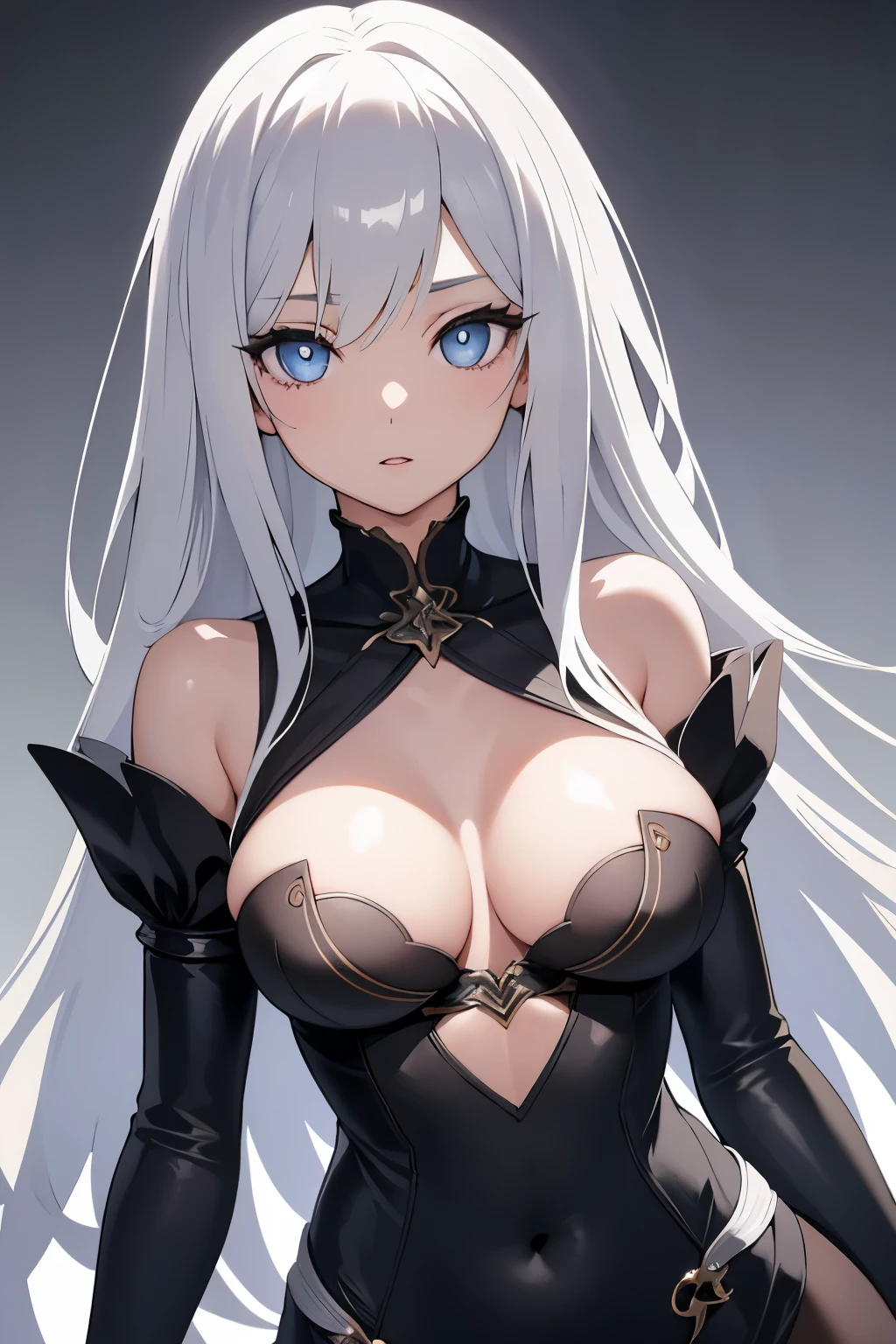 1girl, anime, cute girl, blank background, white background, fantasy, detailed dark fantasy dress with highlights, beautiful face, beautiful eyes, dark colors, silver hair, slightly small breasts, slight cleavage, beautiful skin, cute, breast curtains, extremely delicate and beautiful, (beautiful detailed face:1.0), (detailed deep eyes), symmetrical breasts, deep eyes, shiny skin, portrait, slender waist, hips wider than shoulders, thighs, young girl, expressionless, luminous eyes