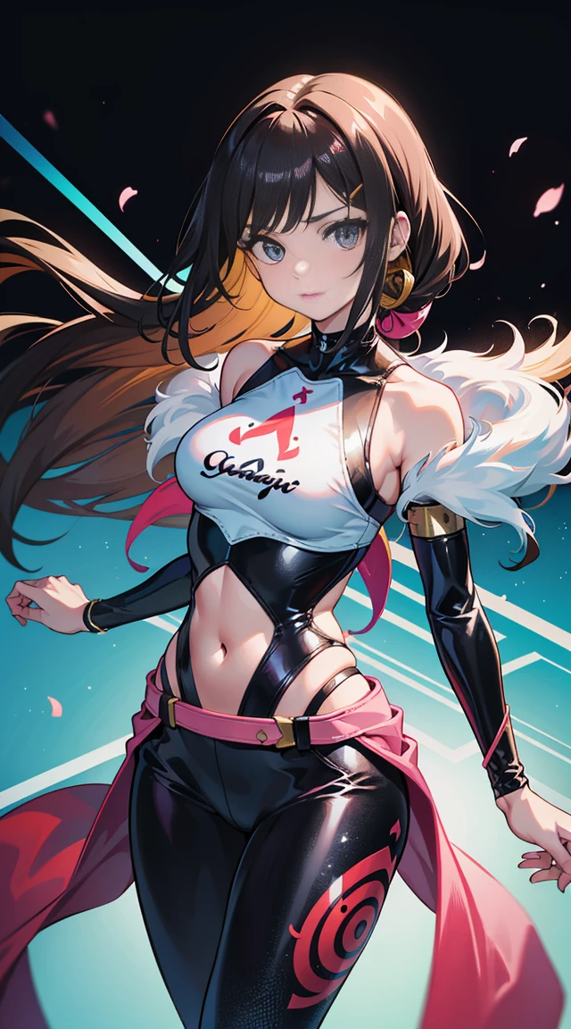 masterpiece, best quality, highres, 1girl, kizuna ai, large breasts ,long hair, brown hair, multicolored hair, floating hair, pink hairband, pink highlights, streaked hair, naked, apron, leaning forward, cleavage, tongue out , looking at viewer, breast tattoo, bare arms