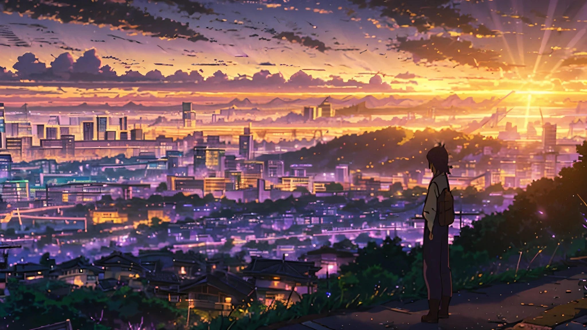 animesque、Skyscape with clouds、Purple sunset sky、Deities々Shikai、mont、You can see the touch of the brush、no human figures、Studio Ghibli、Ghibli、Scenery、Style、The light is sparkling、sky line