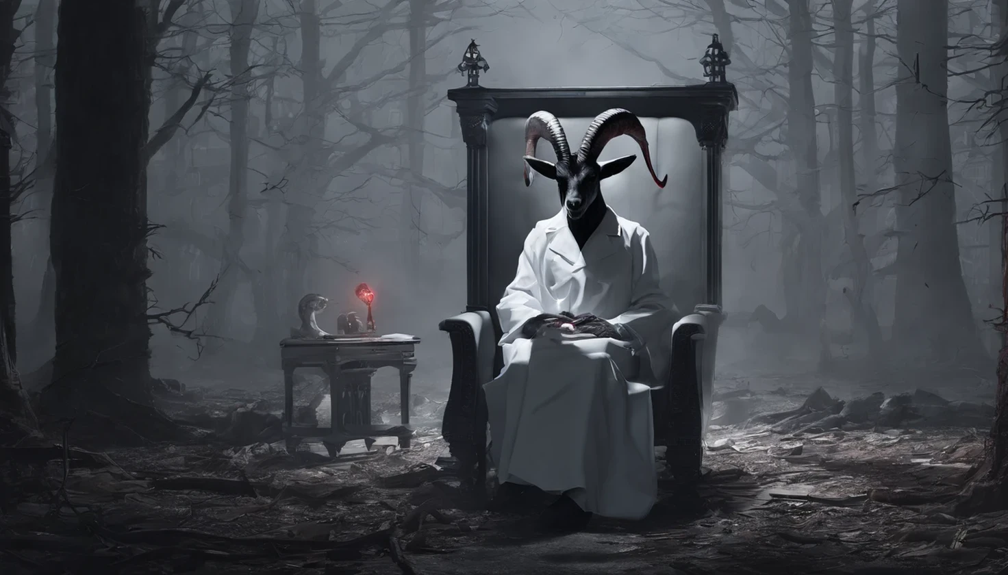 Demon mental clinic in the woods, black goat demon in white coat, glowing red eyes, black goat psychiatrist, sitting in chair for examination, 8K, high definition, examination room with eerie paintings, 2.5D, deformation, black goat with inappropriate smile