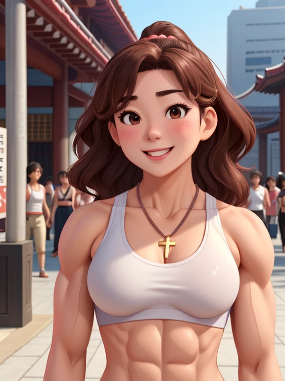 attractive korean woman, ripped muscle, muscular body, small breast, pale skin, smile(blush), sports bra, cross necklace, sixpack abs, [ultra detailed skin:1.2], brown hair, wavy hair, 8k uhd, pussy, full body, crowd, public, temple, standing,