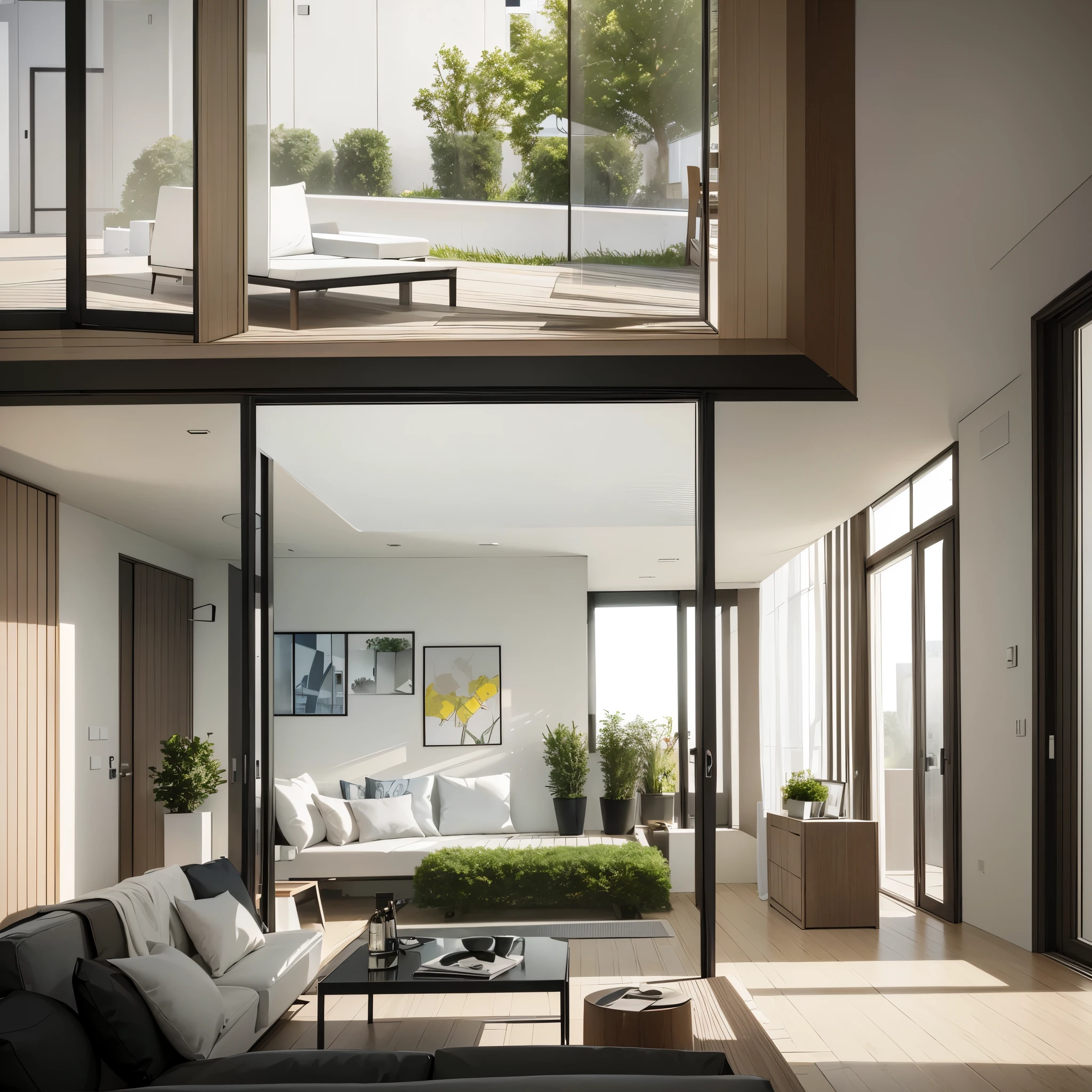You are a famous interior designer、You have been asked to create a 3D image of a modern large room. Create a harmonious environment with modern and minimalist furniture. Including garden interior.