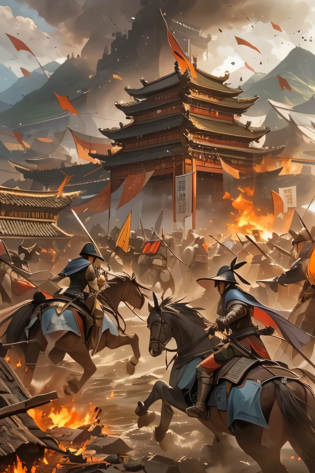 There are many characters in the picture, detailed illustrations of the game art, Cheng Wei Pan on Artstation, inspired by Fenghua Bell, heroic battle scenes, by Yang J, Ismail Inseoglu and Ruan Jia, CGsociety and Fenghua Zhong, Three Kingdoms of China, by Wu Zhun Shifan, background: battle scenes, flames, war fire heroic battle scenes Swords and guns