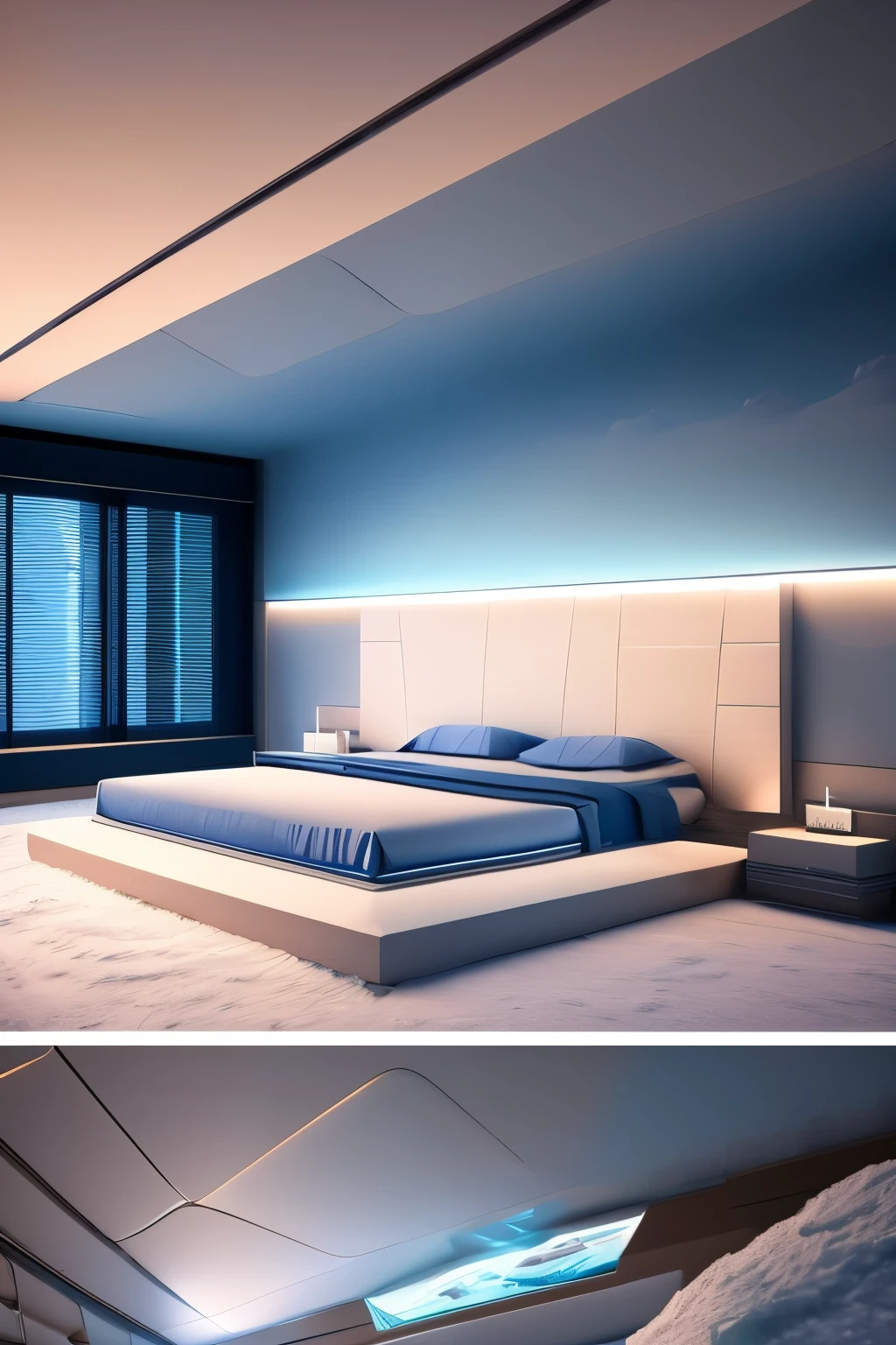 A rectangular glacier-themed room with a bed,With elements of glacier crystal,super nice details,High-quality detailed rendering,Futuristic details,Advanced sense of technological future