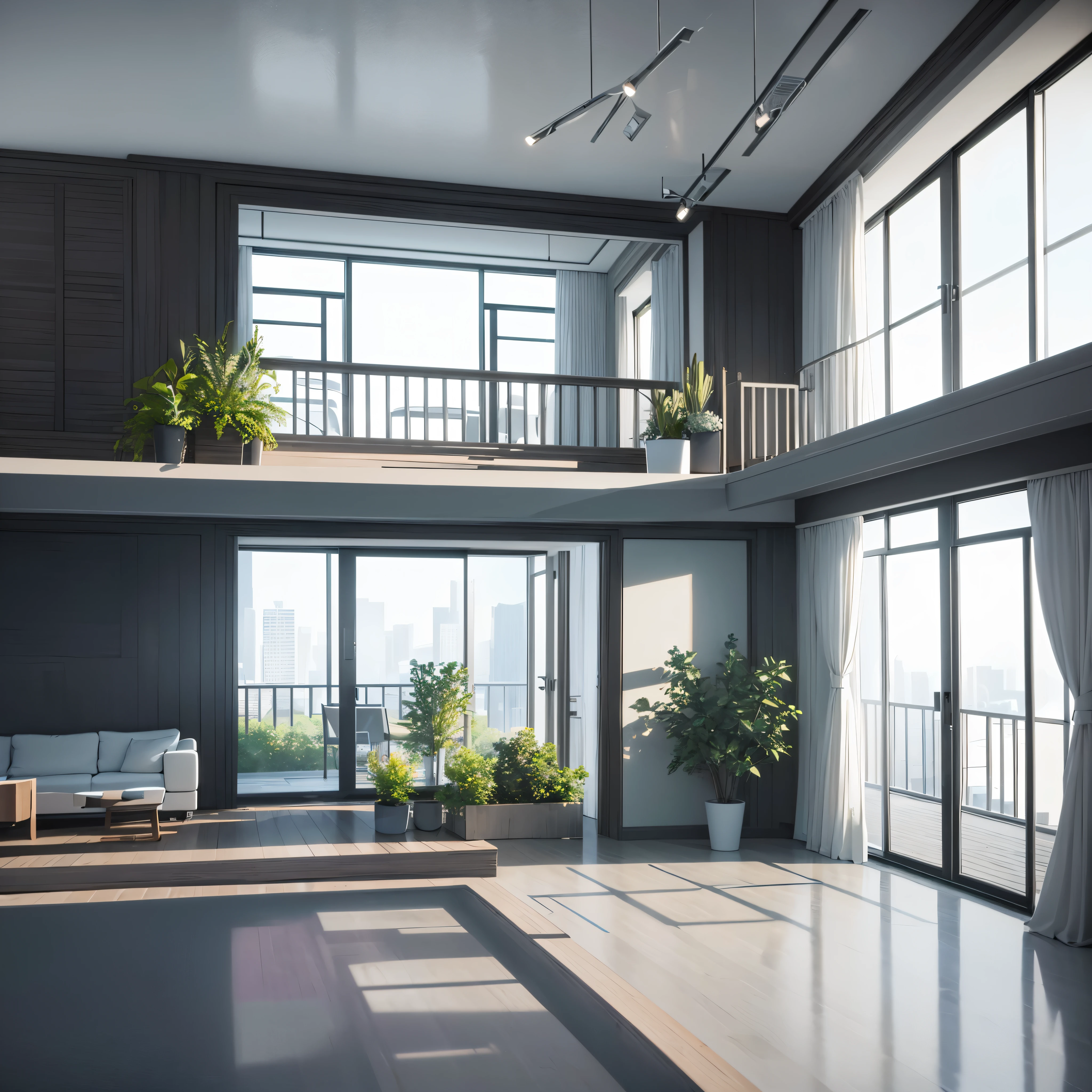 You are a famous interior designer、You have been asked to create a 3D image of a modern large room. Create a harmonious environment with modern and minimalist furniture. Including garden interior.
