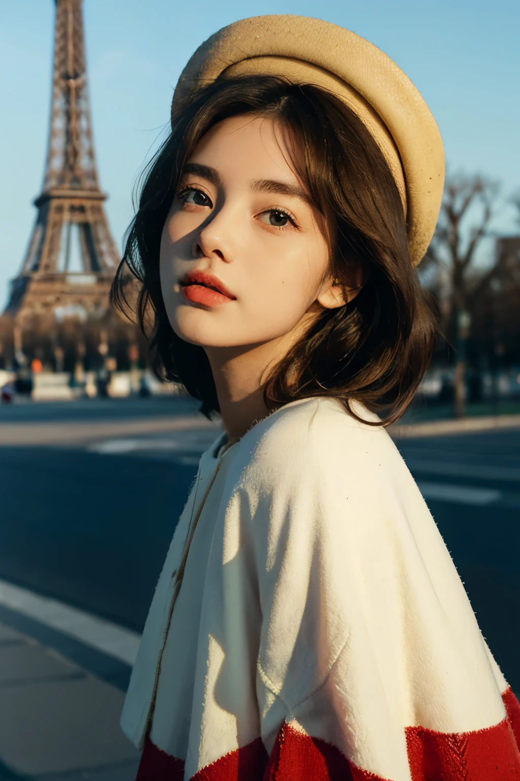 (best quality,4K,high resolution,masterpiece:1.4),Super detailed,Very detailed,sharp focus,Surreal:1.4,professional,HD images,bright colors,Bokeh,Beautiful and delicate eyes,Beautiful and delicate lips,long eyelashes,Romantic atmosphere,soft light,Contrast light and shadow,Lighting effects,high nose bridge,high nose，Yamane，young,Lively,Chubby cheeks,charming,graceful curves，blond，full，The streets of Paris，European girl，Eiffel Tower background，Wear a cotton hat，red clothes