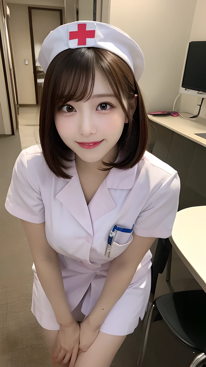 (8K、top-quality、​masterpiece:1.2)、(reallistic、Photorealsitic:1.2)、 Phenomenally cute girl、Female doctor in white coat、１Man Woman、(Smile Face:1.1)、Slim Face、The most beautiful women in the world、hyperdetailed face、Detailed eye、二重まぶた、Kamimei、perfect teeth、Perfect tooth alignment、(glistning skin)、(sun-kissed skin)、(real looking skin)、Blurred background、full body Esbian、frontage、Slim Face、Brightly colored clothing、Sit in a chair in the exam room、Wear a stethoscope、From  above、a miniskirt、beautiful hairl、I can see the cleavage、Full Body Pose、(pureerosface_v1:0.8)、a small face、ssmile、A sexy、hide one's hands