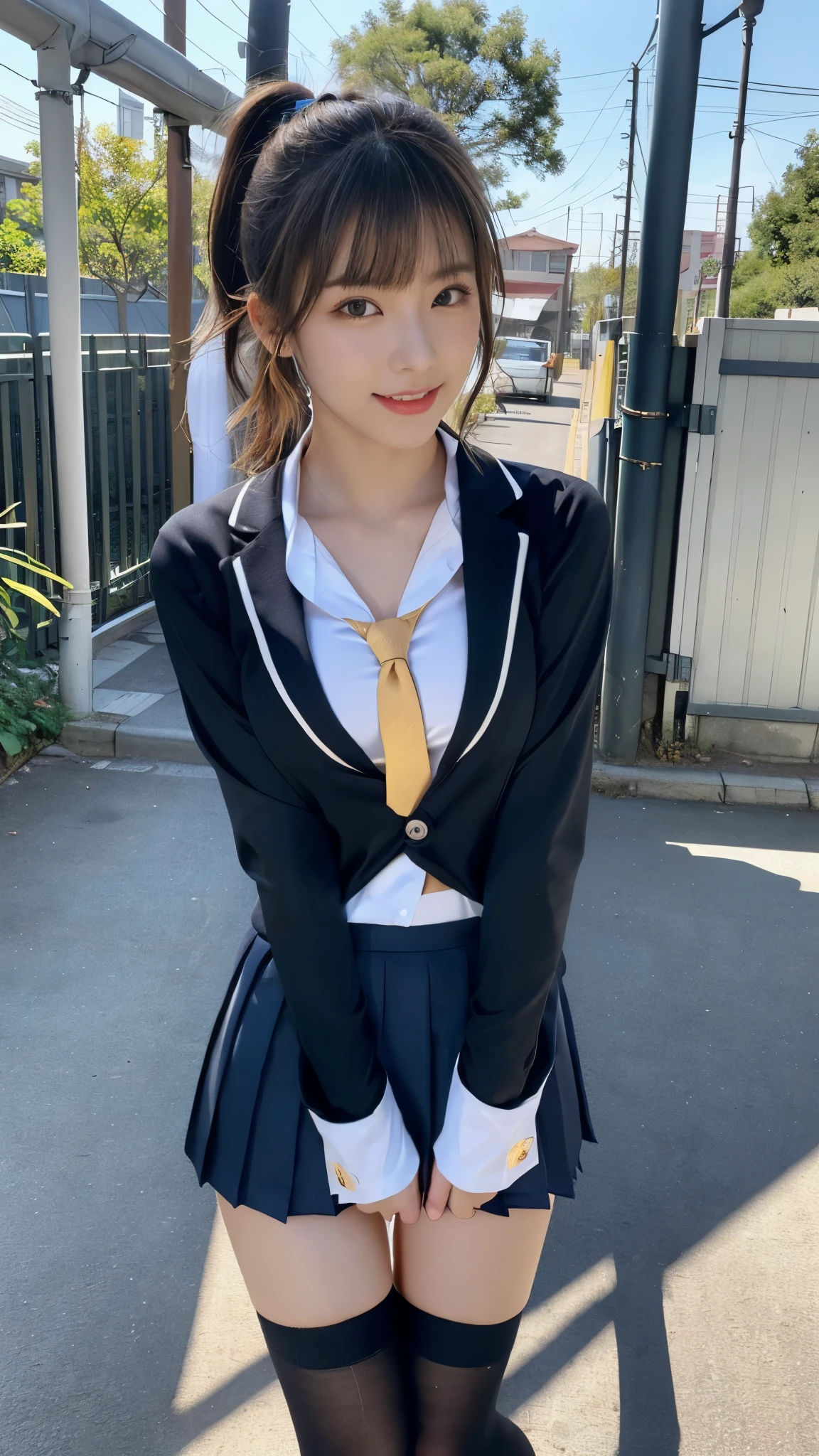 mix 4, (16K, Raw photo, best image quality, masterpiece: 1.45), (realistic, Photoreal: 1.37), one girl, cute, Wearing sunglasses，cityscape,, professional lighting, photon mapping, school classroom, Physically based rendering, dark brown hair,ponytail hairstyle, Beautiful well-groomed eyes、((double eyelid))、super cute girl, (((、blazer、Long-sleeved shirts worn by Japanese high school girls、ribbon tie、Navy blue super super super mini skirt,、dark blue socks、black loafers))), highest quality photos, High resolution, 1080P, (clear face), (Detailed facial description), (detailed description of hands), (masterpiece), (Detailed CG)、extreme light and shadow、messy hair、master work、Rich details、(detailed facial features)、(highest quality photos)、(Masseter muscle part)、(detailed eye)、look in front of you、thin clavicle、((slender and big))、(((Japanese high school girls wear long-sleeved shirts)))、((neat idol))、((school gate、schoolyard、School building in the background))、(Take photos from random viewpoints)、(((Anyway it&#39;s cute)))、earrings、big smile、Draw the whole body from the knees、Do not draw fine lines、(((Sports bags used by Japan schoolgirls)))、(small breasts:1.2)、small buttocks with tension、Two arms and two legs、(((from the front:0.7)))、bare hands、(((symmetrical eyes)))、standing pose、put your hands on the desk、Do not remove the tie from the jacket､
