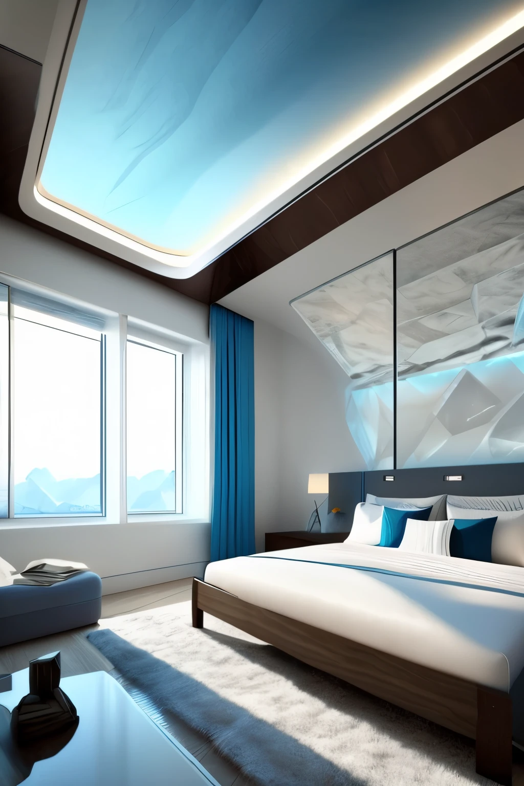 A rectangular glacier-themed room with a bed，With elements of glacier crystal，super nice details，High-quality detailed rendering，Futuristic details，Advanced sense of technological future，Glacier themed vaulted ceiling