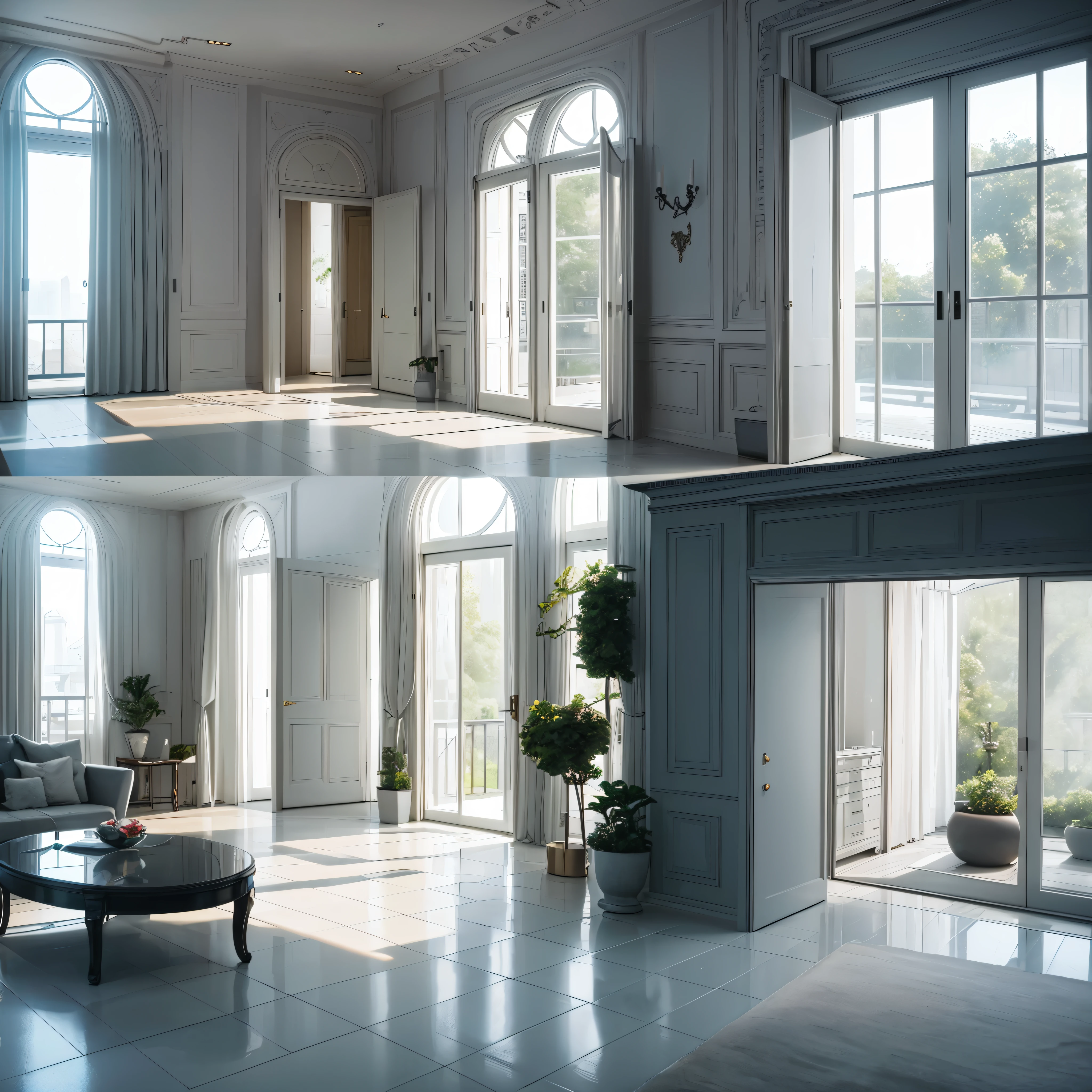 You are a famous interior designer、You have been asked to create a 3D image of a modern large room. Create a harmonious environment with modern and minimalist furniture. Including garden interior.