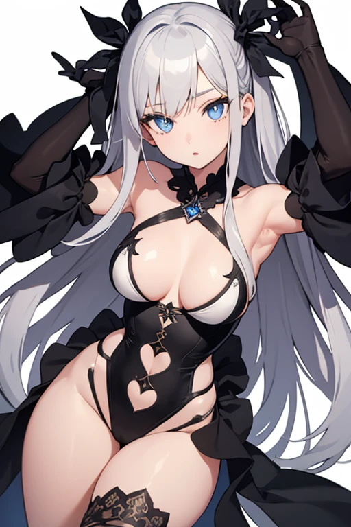 1girl, anime, cute girl, blank background, white background, fantasy, detailed dark fantasy dress with highlights, beautiful face, beautiful eyes, dark colors, silver hair, slightly small breasts, slight cleavage, beautiful skin, cute, breast curtains, extremely delicate and beautiful, (beautiful detailed face:1.0), (detailed deep eyes), symmetrical breasts, deep eyes, shiny skin, portrait, slender waist, hips wider than shoulders, thighs, young girl, expressionless, luminous eyes