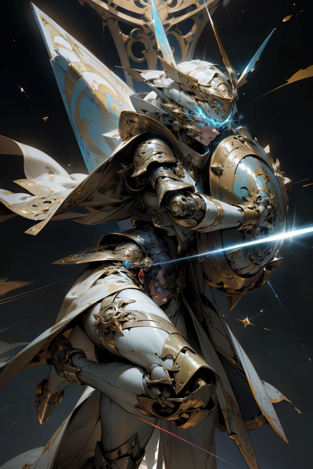 Space Warrior with Shield:

This illustration showcases a brave and powerful space warrior, clad in advanced armor, wielding a shield that gleams with an otherworldly radiance. The warrior's determined expression radiates courage and strength. The shield, intricately designed, features intriguing symbols and holographic markings that shimmer with each movement. The warrior's sleek helmet covers the upper part of their face, while their piercing blue eyes remain visible, conveying a fierce gaze. The detailed armor showcases a variety of textures and layers, demonstrating the highest picture quality and attention to detail. The warrior's pose is dynamic, with one leg slightly bent and