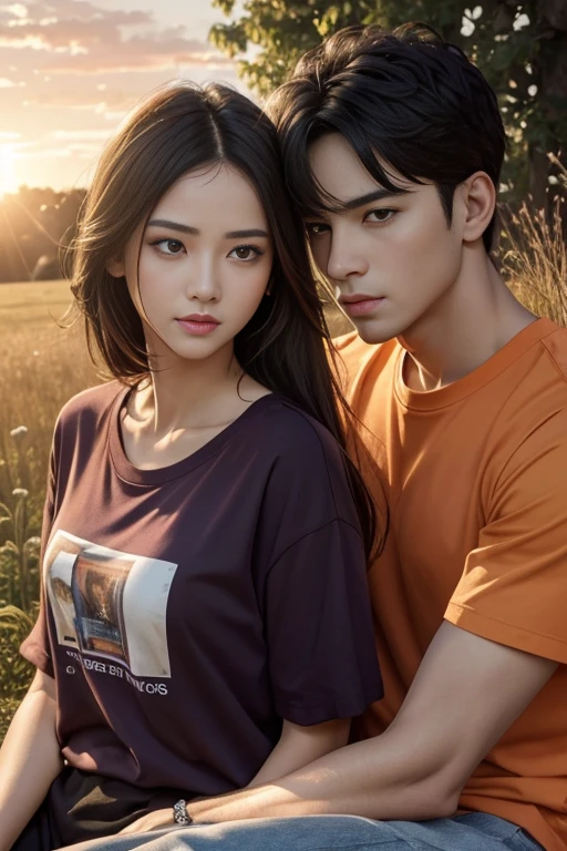 Masterpiece, best quality, {best quality}, {{masterpiece}}, {highres}, {{{field field}}, extremely detailed couple, illustration, couple, 1boy, 1girl, couple, love, love, romantic, sharp focus, male focus, female focus, black hair, violet eyes, sun, sunlight, lifting, surprised, envy, orange sky, t-shirts, men's leisure clothes, expressionless, women's fashion