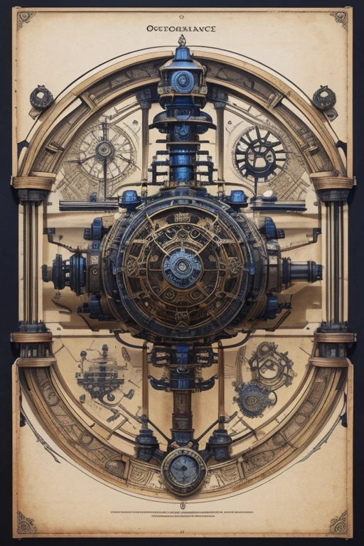 a full page concept designs of an organic robotic device, steampunk blueprint, intricate details, ink on paper, scientific, Highly detailed labeled, poster  
