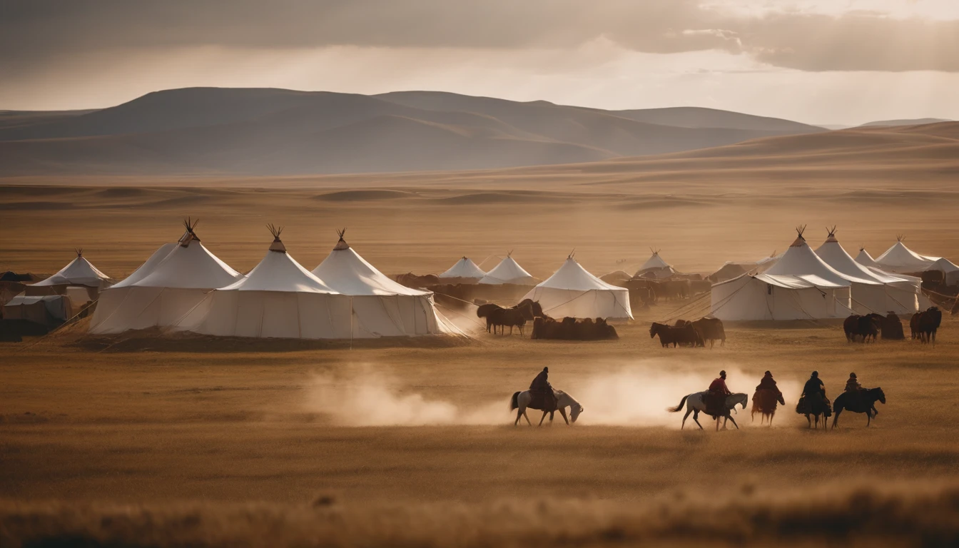 A sweeping view of the endless Mongolian steppes, with nomadic tents dotting the landscape. Nomads tending to horses and engaging in daily life