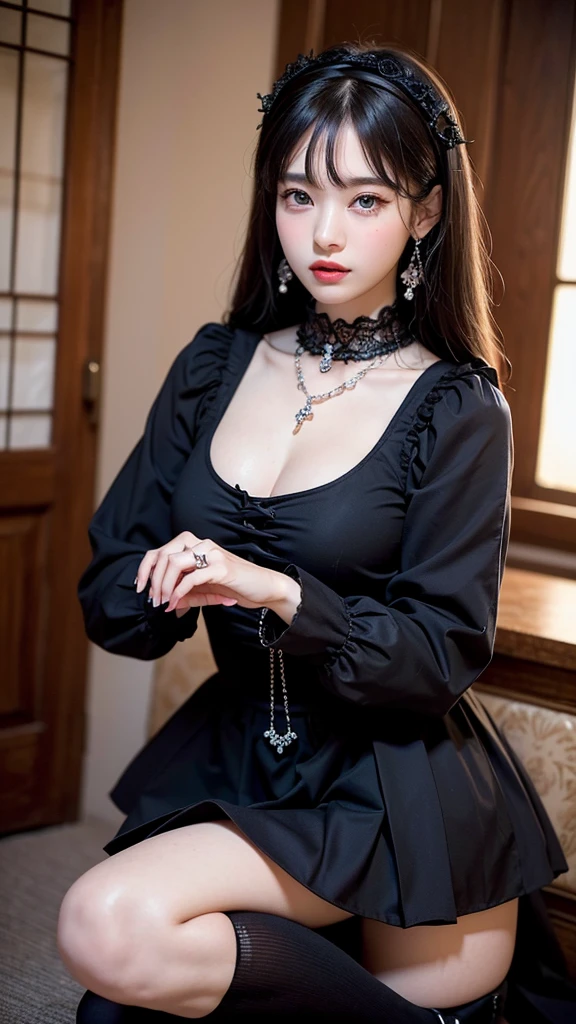 masterpiece、最高masterpiece、Super high quality、Ultra high definition、Super detailed、Every detail、clearly down to the fingers、２０age、beautiful woman、cute、double eyelids、tear bag、Sexy Lips、earrings、黒髪、セミロング、necklace、gothic lolita clothes、gothic  fashion、long skirt、knee high socks、boots、ring、bracelet、stand、sexy pose、body whole、body wholeを写す、like a selfie、indoor、Normal brightness indoor lighting、night、Outstanding style、