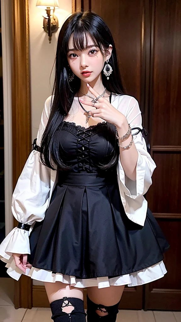 masterpiece、最高masterpiece、Super high quality、Ultra high definition、Super detailed、Every detail、clearly down to the fingers、２０age、beautiful woman、cute、double eyelids、tear bag、Sexy Lips、earrings、黒髪、セミロング、necklace、gothic lolita clothes、gothic  fashion、long skirt、knee high socks、boots、ring、bracelet、stand、sexy pose、body whole、body wholeを写す、like a selfie、indoor、Normal brightness indoor lighting、night、Outstanding style、