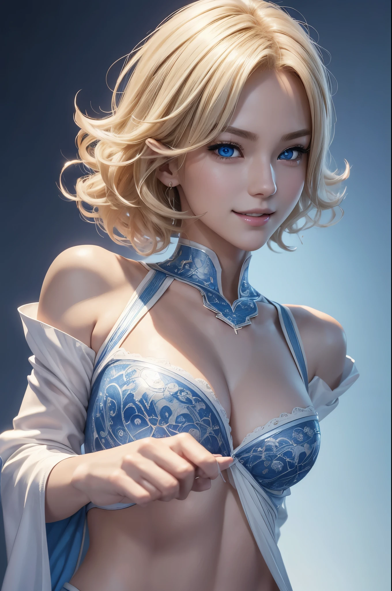 8K、A woman wearing a blue and white ギルドスタッフのSexy衣装 is taking the photo.、smooth CG art、glossy white skin、8K high quality detailed art、Photorealistic anime girl rendering、fan art best art station、smooth digital concept art、highly detailed characters、white shiny skacy art,character art、blonde short perm hair、slim muscular body、赤と白のSexy衣装、skinny macho、Super high resolution、surreal、split blue eyes,Sexy,smile,ultra high resolution,Super realistic,realistic skin,fantasy art,character art,seductive pose,Sexina Pose,